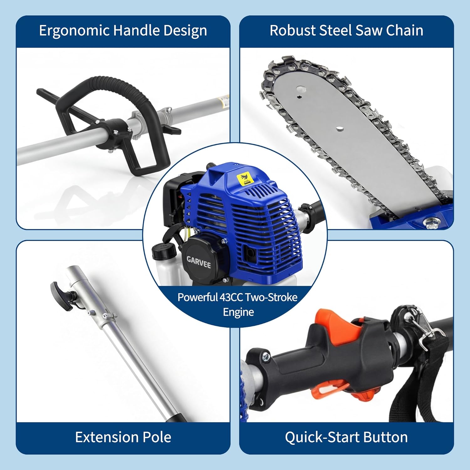 Garvee Gas Powered Pole Saw, 43CC 2-Stroke Gas Powered Pole ChainSaw, 12-Inch Cutting Bar, Can Trim Branches Up to 16 Ft Long, Equipped with a 1200 ml Fuel Tank, for Tree Trimming Branches Pruning