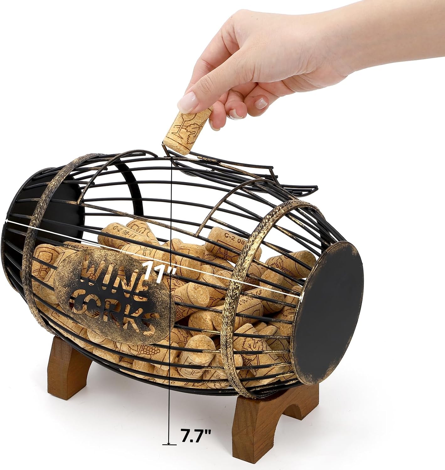 ZOOFOX Wine Cork Holder with Wood Stand, Rustic Metal Cork Container for Display and Storage, Decorative Vino Cork Barrel for Kitchen, Great Gift Idea for Wine Lover, No Assembly Required image 2
