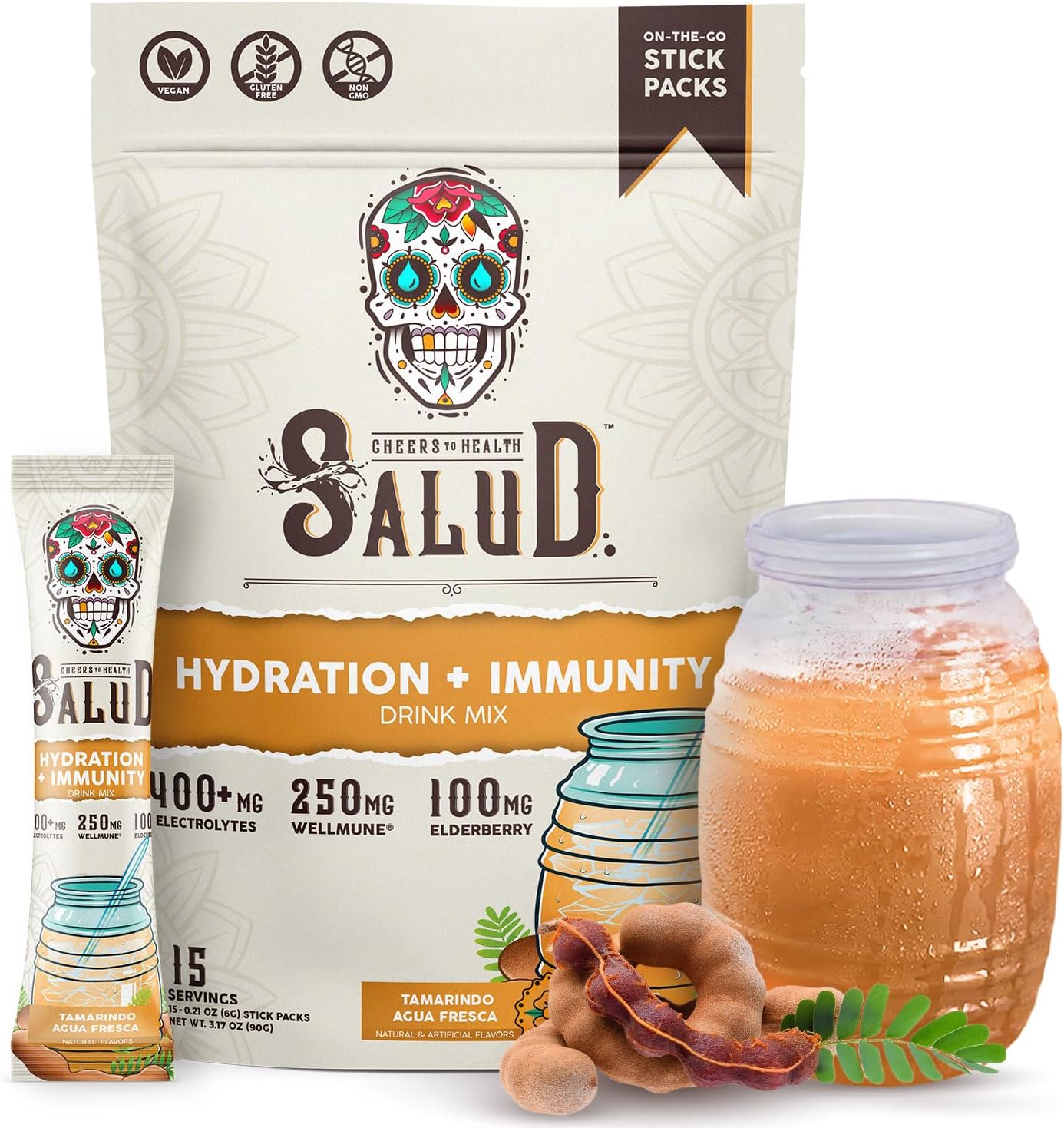 Salud 2-in-1 Hydration Packets + Immunity Electrolytes Powder, Tamarindo - Agua Fresca Drink Mix, Elderberry, Dairy & Soy Free, Non-GMO, Gluten Free, Vegan, Low Calorie, 1g Sugar (15 Servings)