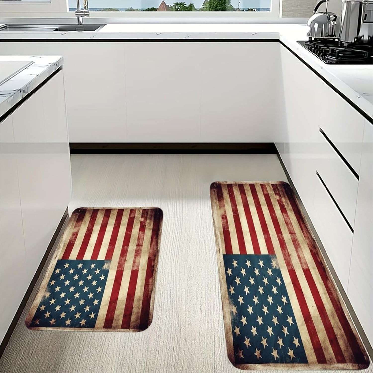 Vintage American USA Flag Kitchen Mat Washable Non Slip Rugs Soft Kitchen Mats for Floor Set of 2 PCS Cushioned Absorbent Runner Standing Rugs for Home Sink Laundry Office
