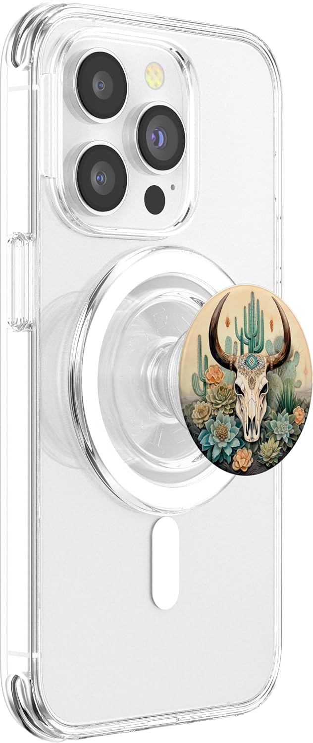 Western Boho Chic Longhorn Bull Skull Cactus Beige Pattern PopSockets MagSafe PopGrip for iPhone