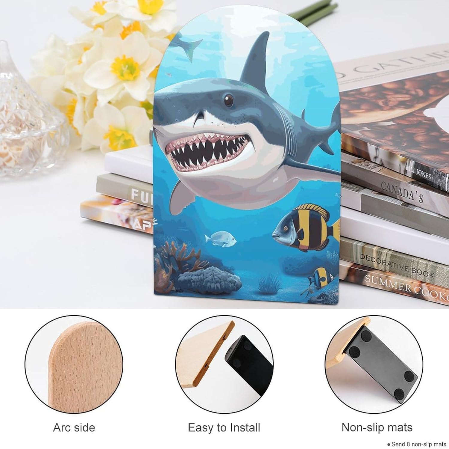Shark Ocean Theme Heavy Duty Wooden Bookend Non-Slip Book Ends image 4