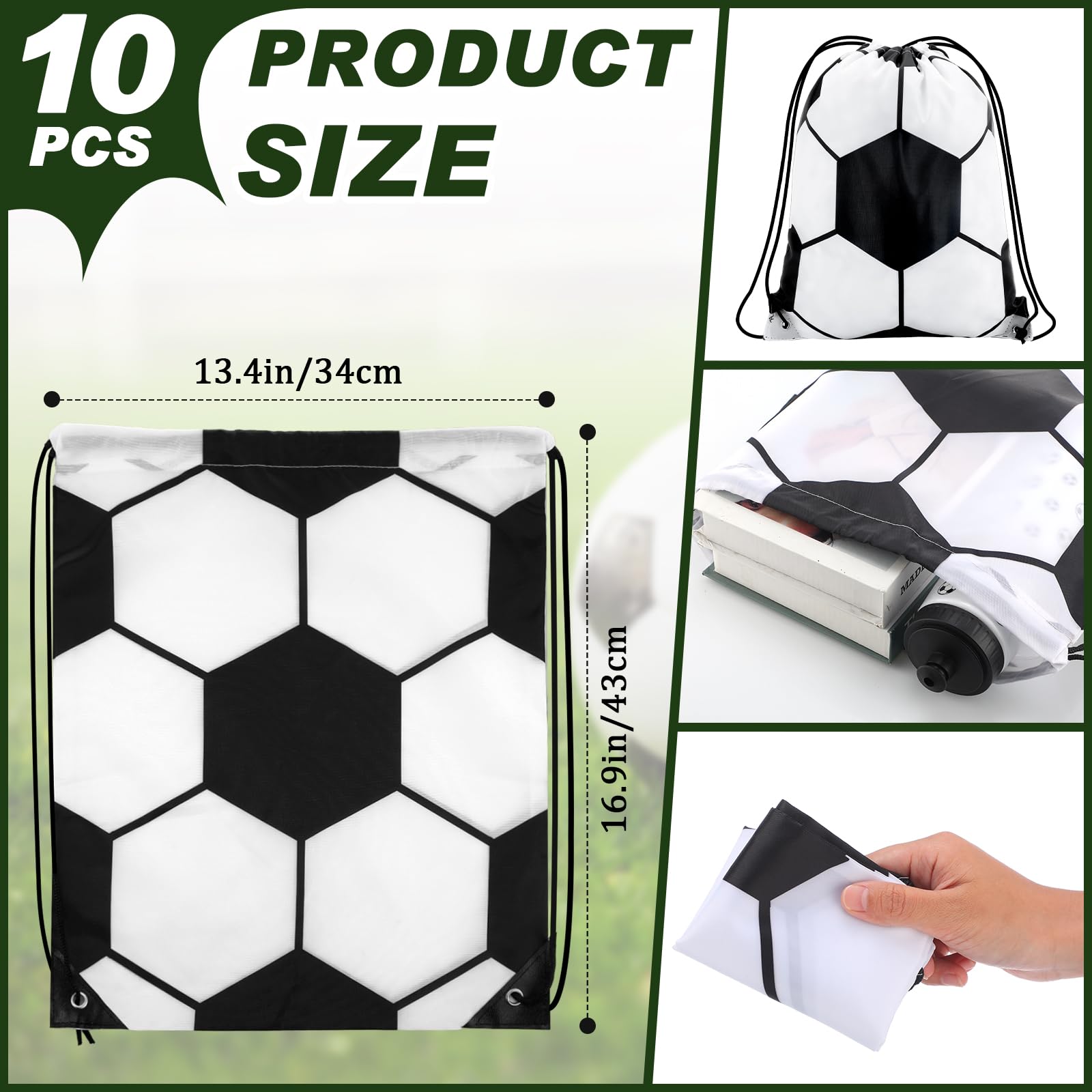 20 piezas de recuerdos de fiesta de fútbol, 10 bolsas de fútbol de 13.4 x 16.9 pulgadas con cordón y 10 botellas de agua de fútbol de 24 onzas, mochila con cordón de fútbol, botellas deportivas de 2
