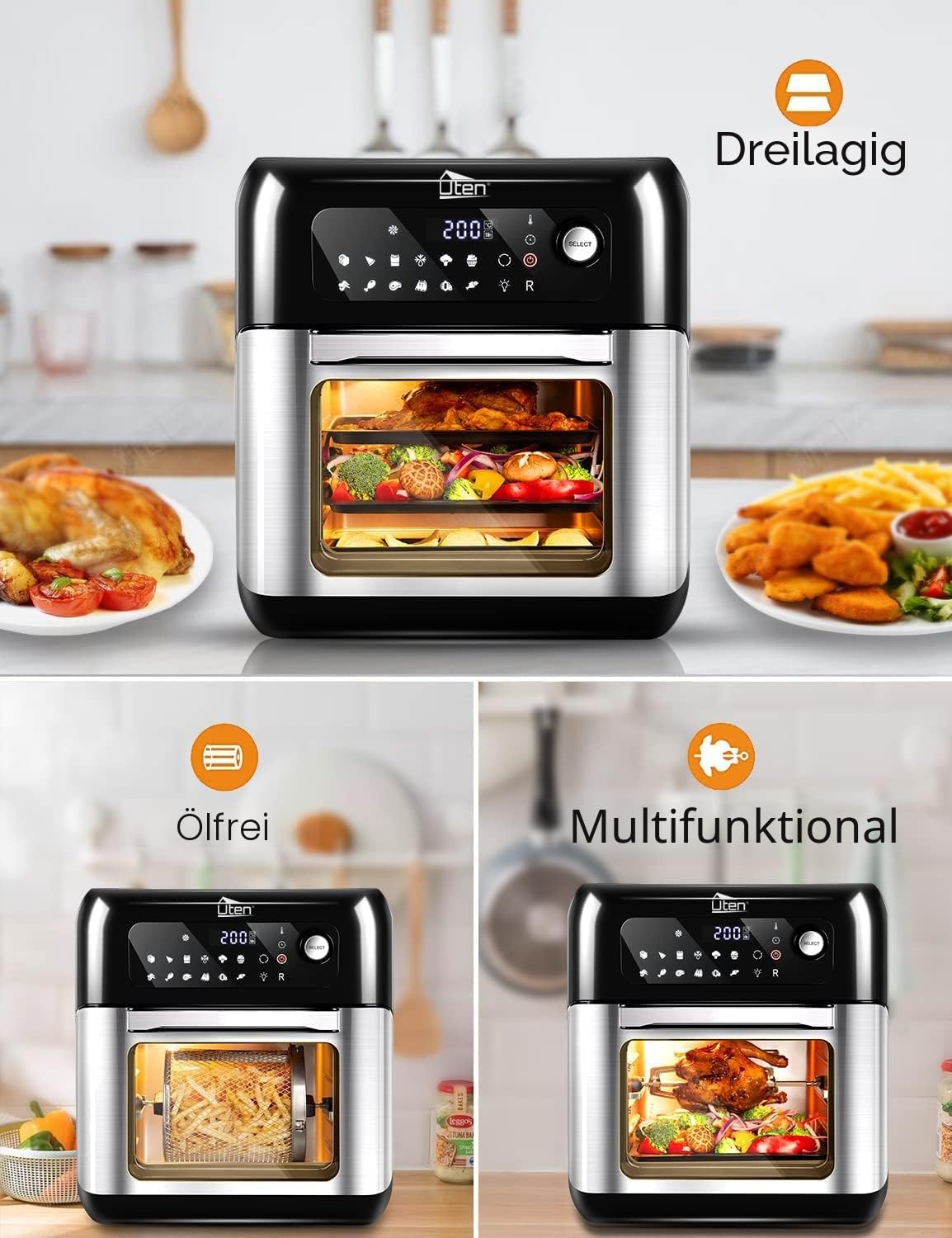 Heißluftfritteuse,10L Air fryer Fritteuse,Uten XXL Heißluft-ofen,12 in 1 Heissluftfritteuse mit digitalen LED-Display, 6 Zubehör & Rezeptbuch, Edelstahl,1500W