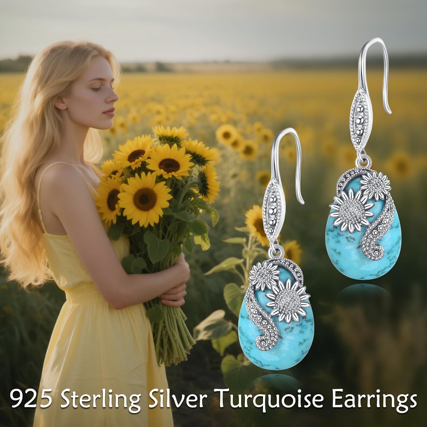 Natural Turquoise Earrings for Women 925 Sterling Silver Vintage Sunflower with Turquoise Drop Earrings - Image 2