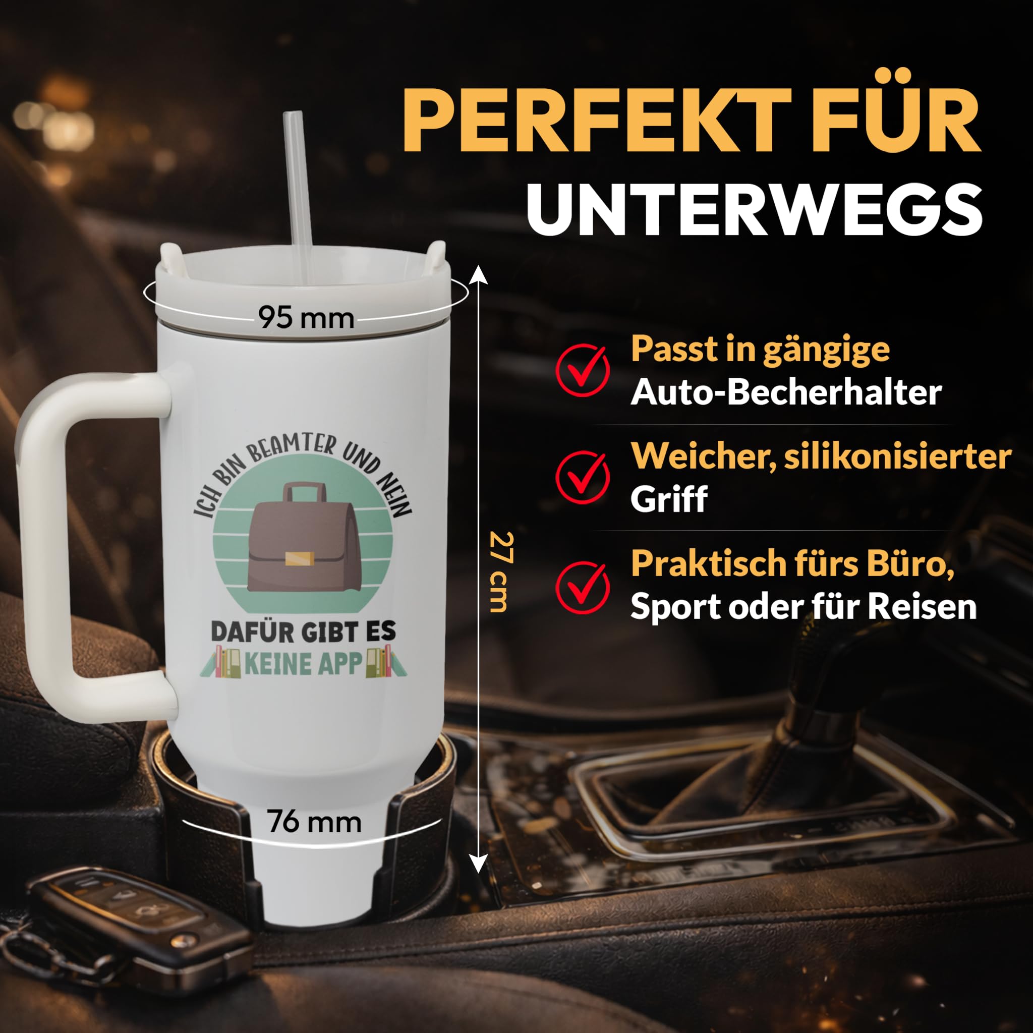 XXL Thermobecher für Beamte – Lustiges Geschenk zum Geburtstag, Abschied & Beförderung – Edelstahl Trinkflasche, Weiß mit Spruch Ich bin Beamter und nein dafür gibt es keine App (WIEDERVERWENDBAR)
