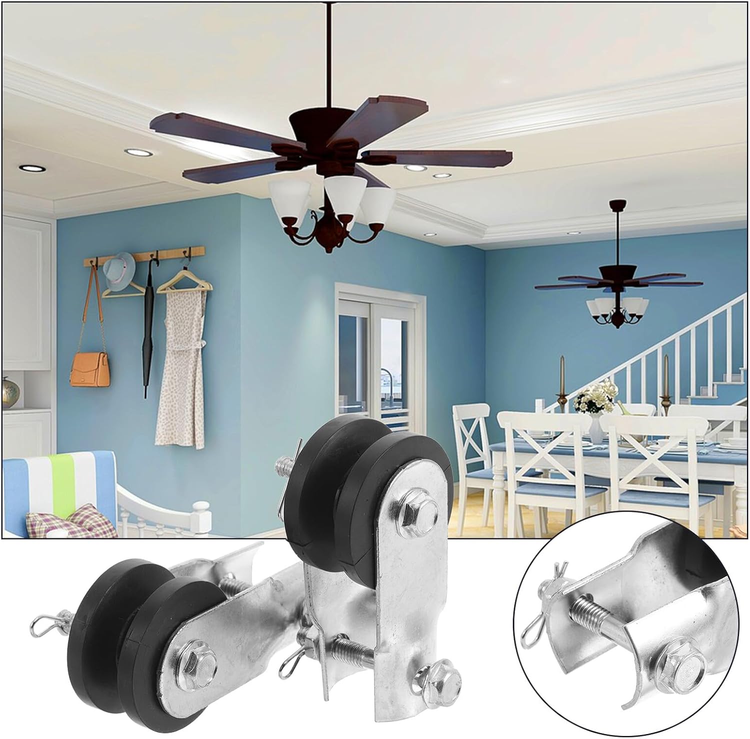 SEWACC 2pcs Ceiling Fan Mounting Brackets with Rubber Support Ceiling Fan Pulley Mount Clamp for Rod Fixing Accessories