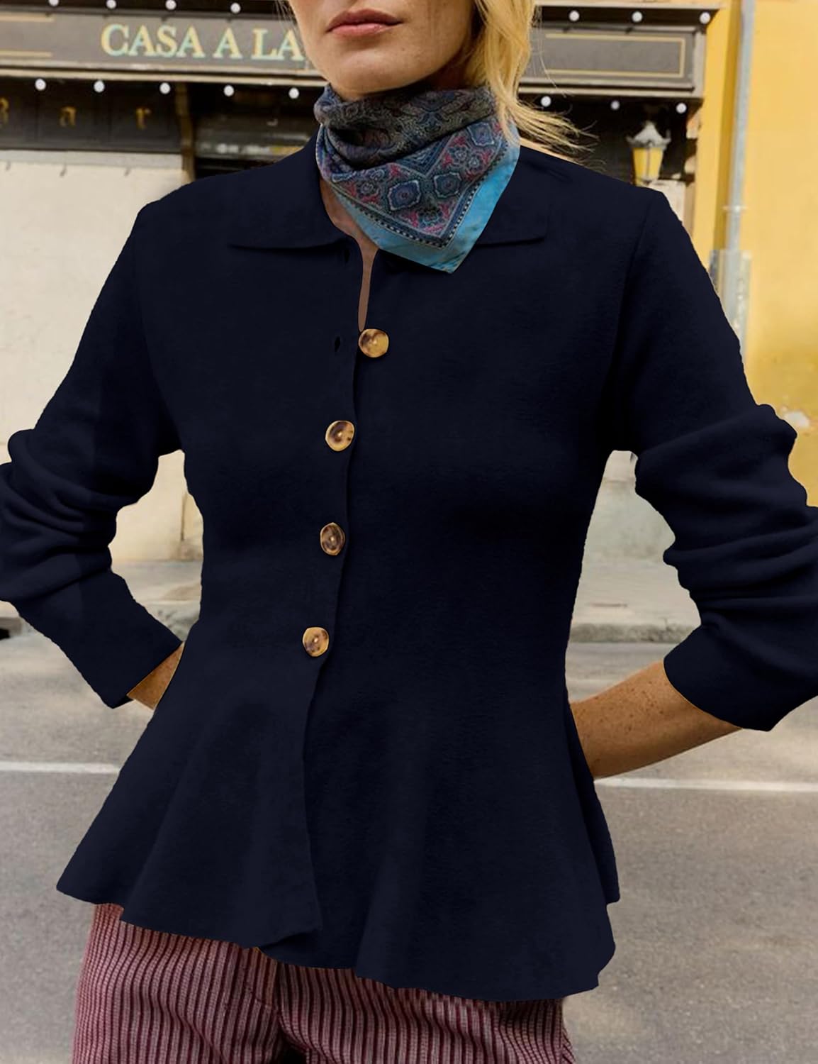 Womens Peplum Cardigan Solid Long Sleeve Shirt Collar Open Front Button Down Outwear Sweater Tops - image 3