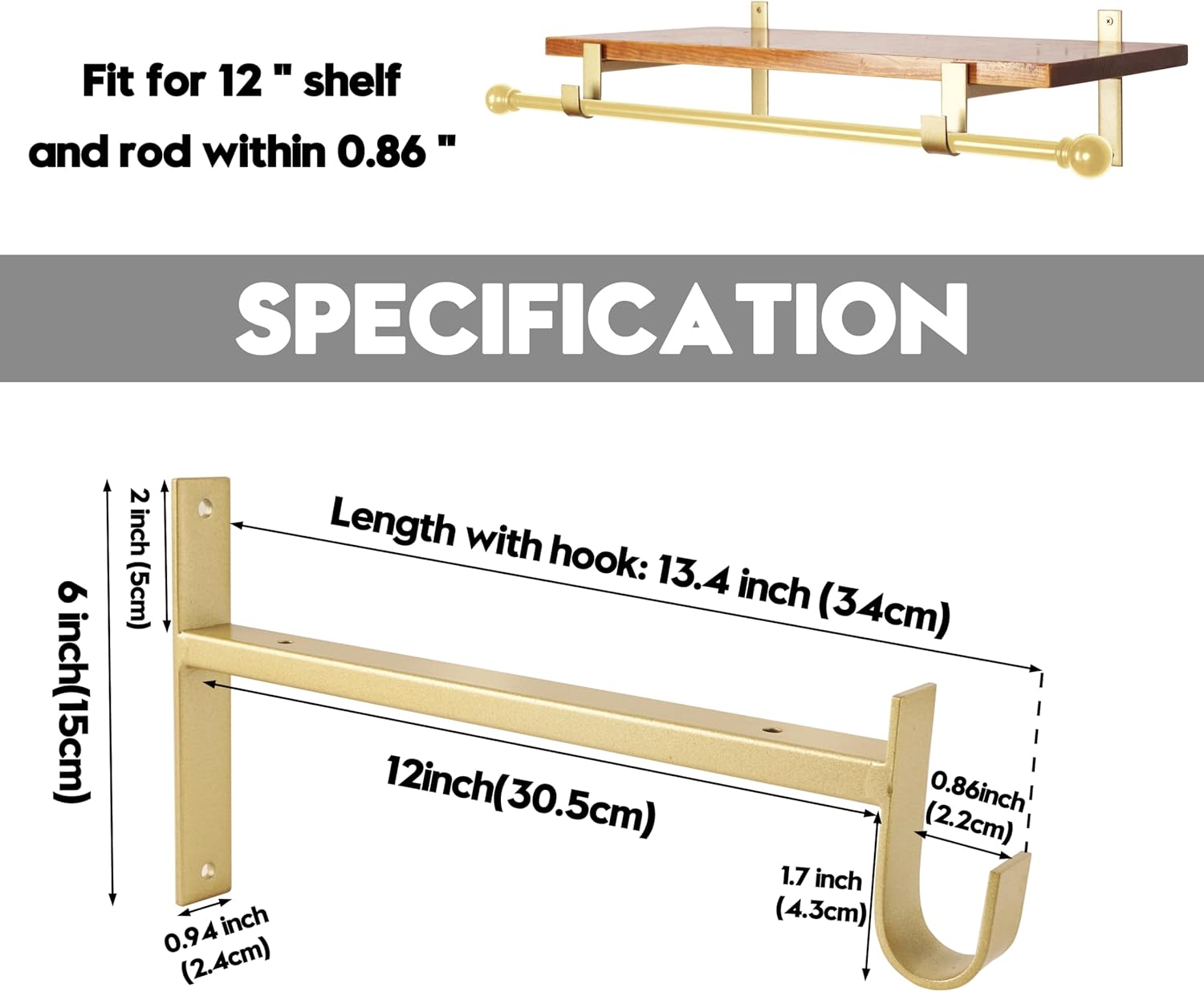 AddGrace Closet Rod Bracket Heavy Duty Shelf Brackets 12 Inch Gold Wall Mounted Closet Rod Support with Pole Holder Industrial Iron Shelving Supports with Hook (4 Pack)