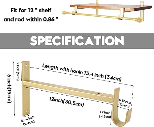 Miniatura 3 de AddGrace Soportes de estante con gancho, soportes de estante negros de 12 pulgadas, 2 soportes de estante resistentes montados en la pared, soportes