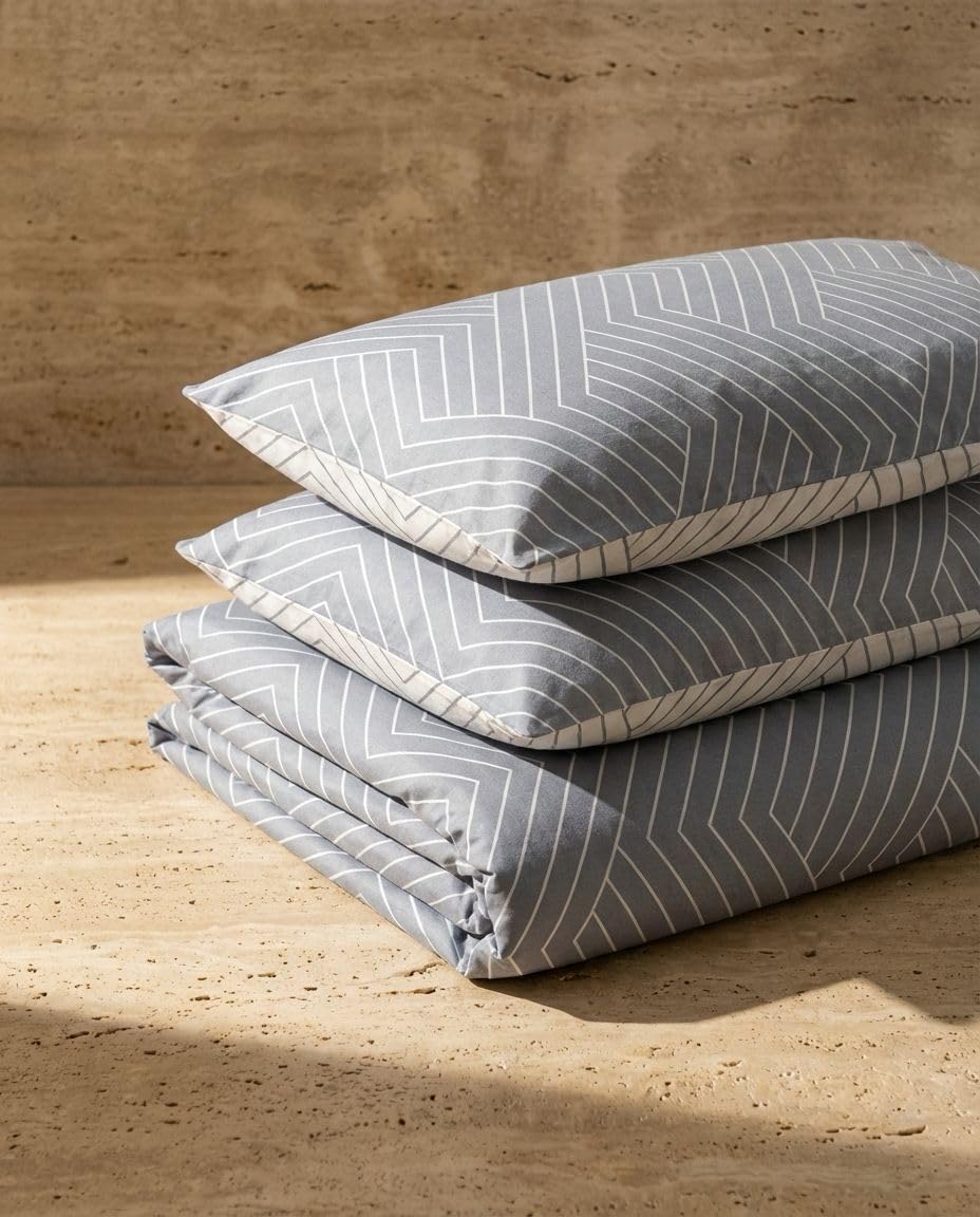 Bettbezug 200x200 Set Baumwolle Wende Gestreift Grau Weiß Bettwäsche mit 2 Kissenbezüge (200 x 200 + 2 (65 x 65)