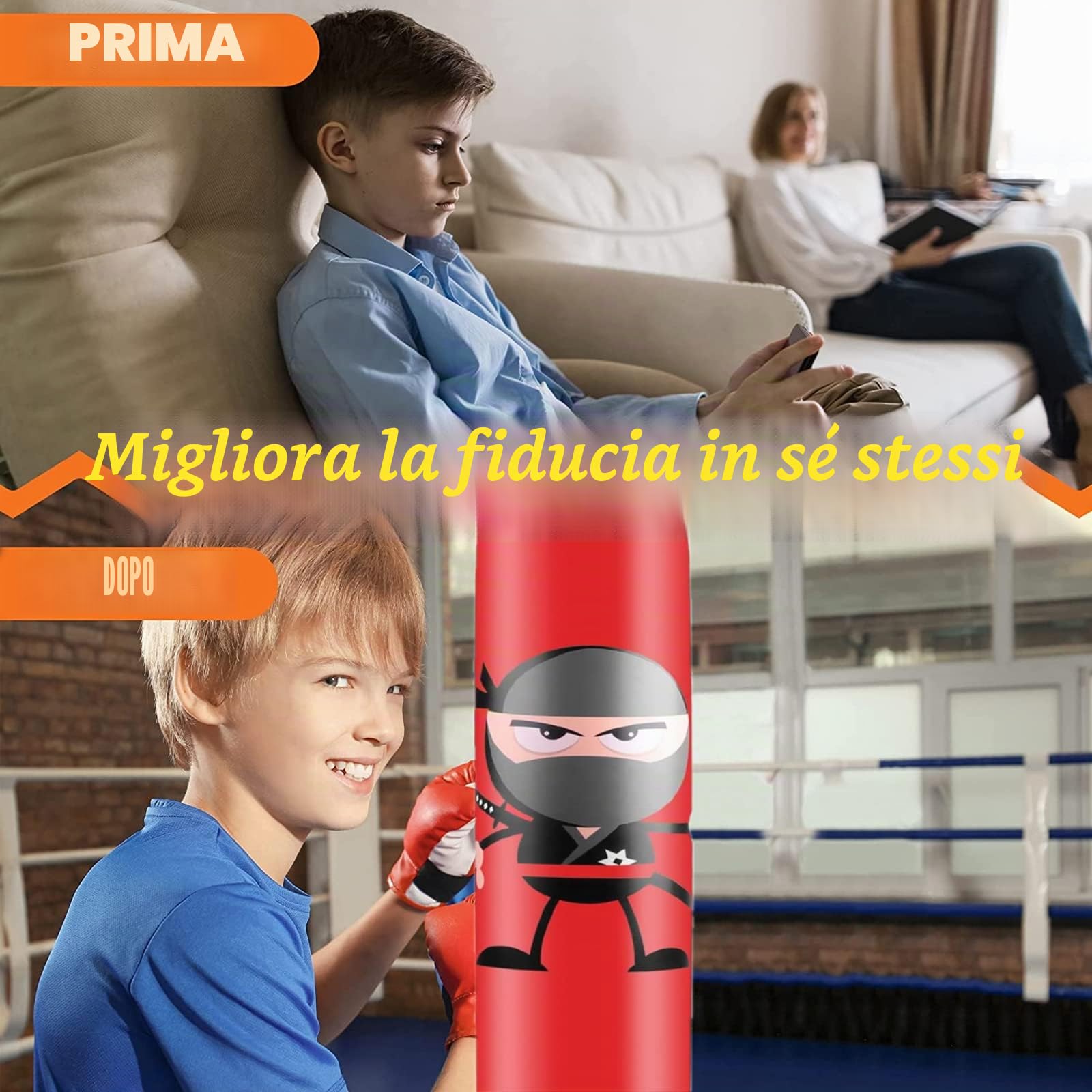 Sacco da Boxe Bambini 160cm Gonfiabile Ninja Sacco Boxe da Terra Bambino Sacco da Sabbia con Pompa ad Aria per Praticare MMA Karate Taekwondo e per Alleviare L'energia Repressa nei Bambini