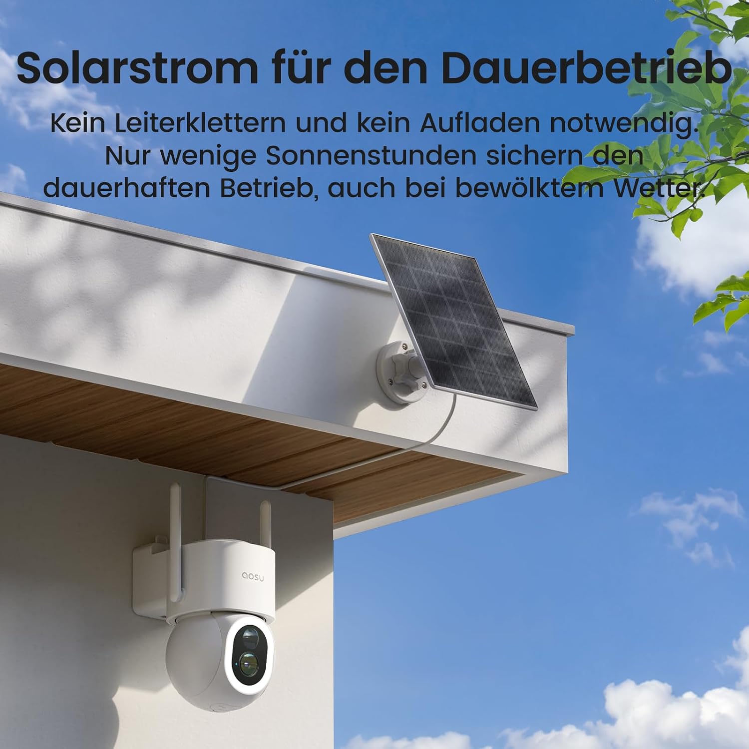 aosu SolarCam D1 Max camera and solar panel mounted on a wall