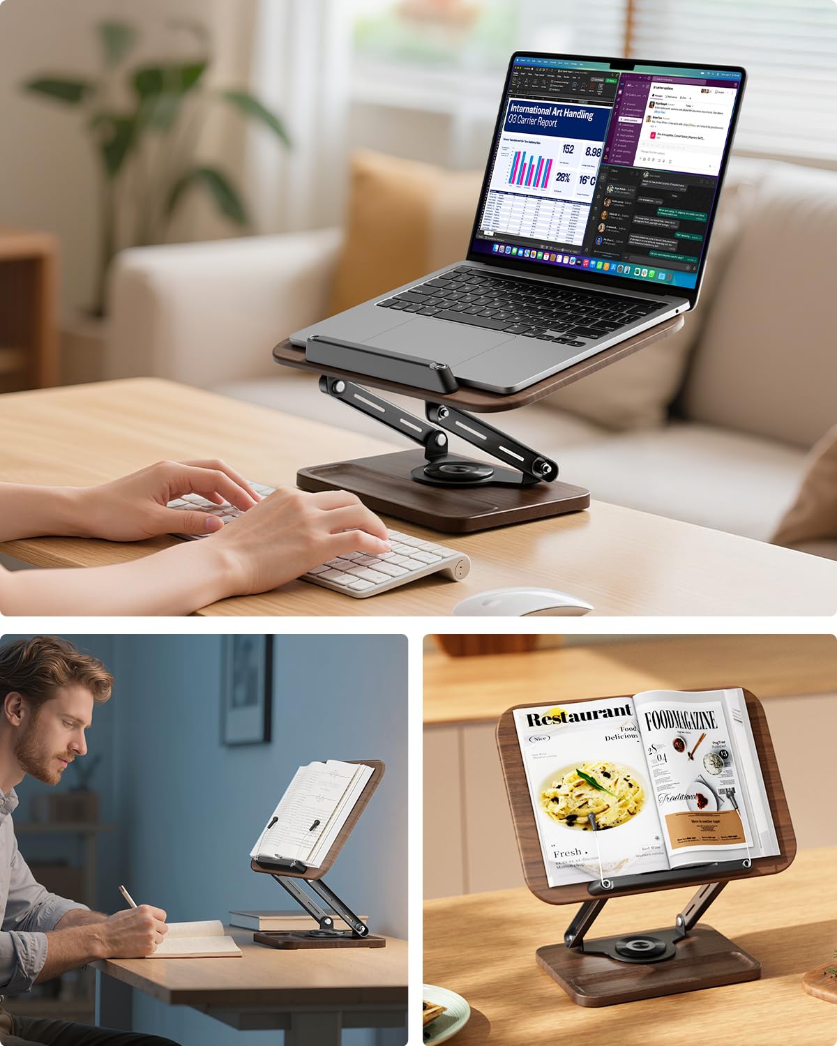 SupeDesk Buchständer zum Lesen, Buchhalter mit 360° drehbarer hölzerner Basis & Stiftschlitz, verstellbarer Holz-Buchhalter Leseständer mit elastischem Kugel-Seitenclip für Zeitschrift,Tablet,Laptop