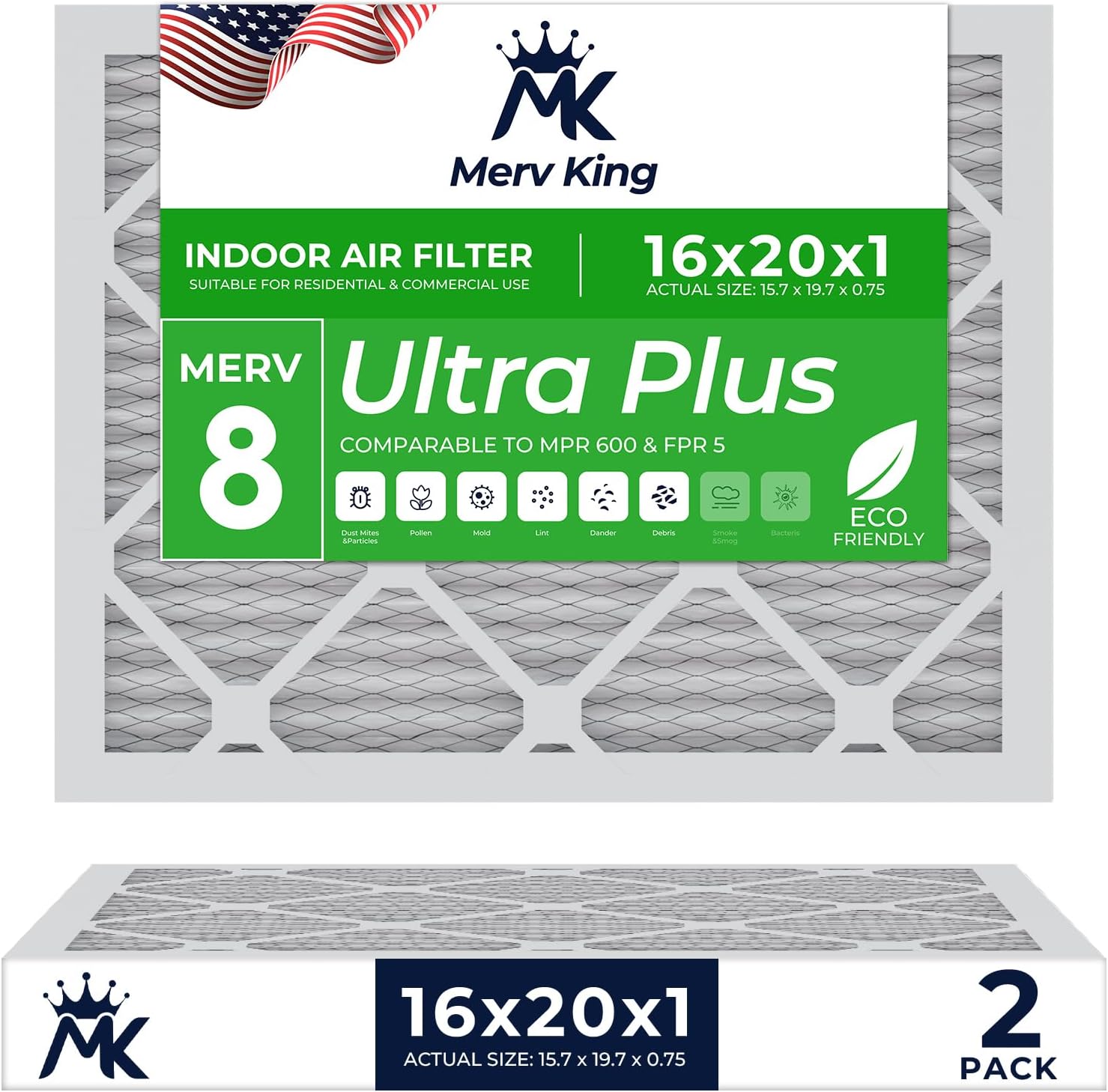 MervKing 16x20x1 Air Filter Actual Size: 15.7" x 19.7" x 0.75" MERV 8 MPR 600-700 | MADE IN USA | 2-Pack | Pleated HVAC AC Furnace Replacement
