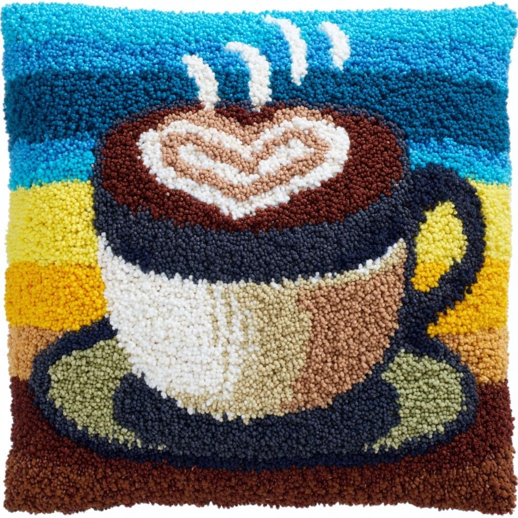 Taxpy Latch Hook Cushion Kits, Cartoon Teacup Latch Hook Pillow Case Kits Embroidery Kit 43x43cm, DIY Needlework Pillow Cover Sofa Cushion Rug Making Kit