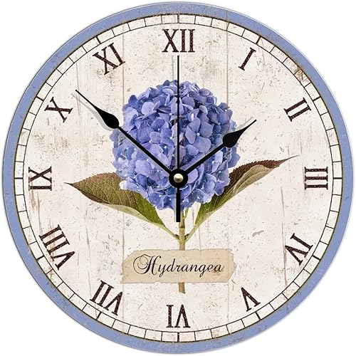 Reloj de madera retro morado hortensia números romanos de 10 pulgadas, reloj de pared de madera silencioso sin tictac funciona con pilas, reloj de