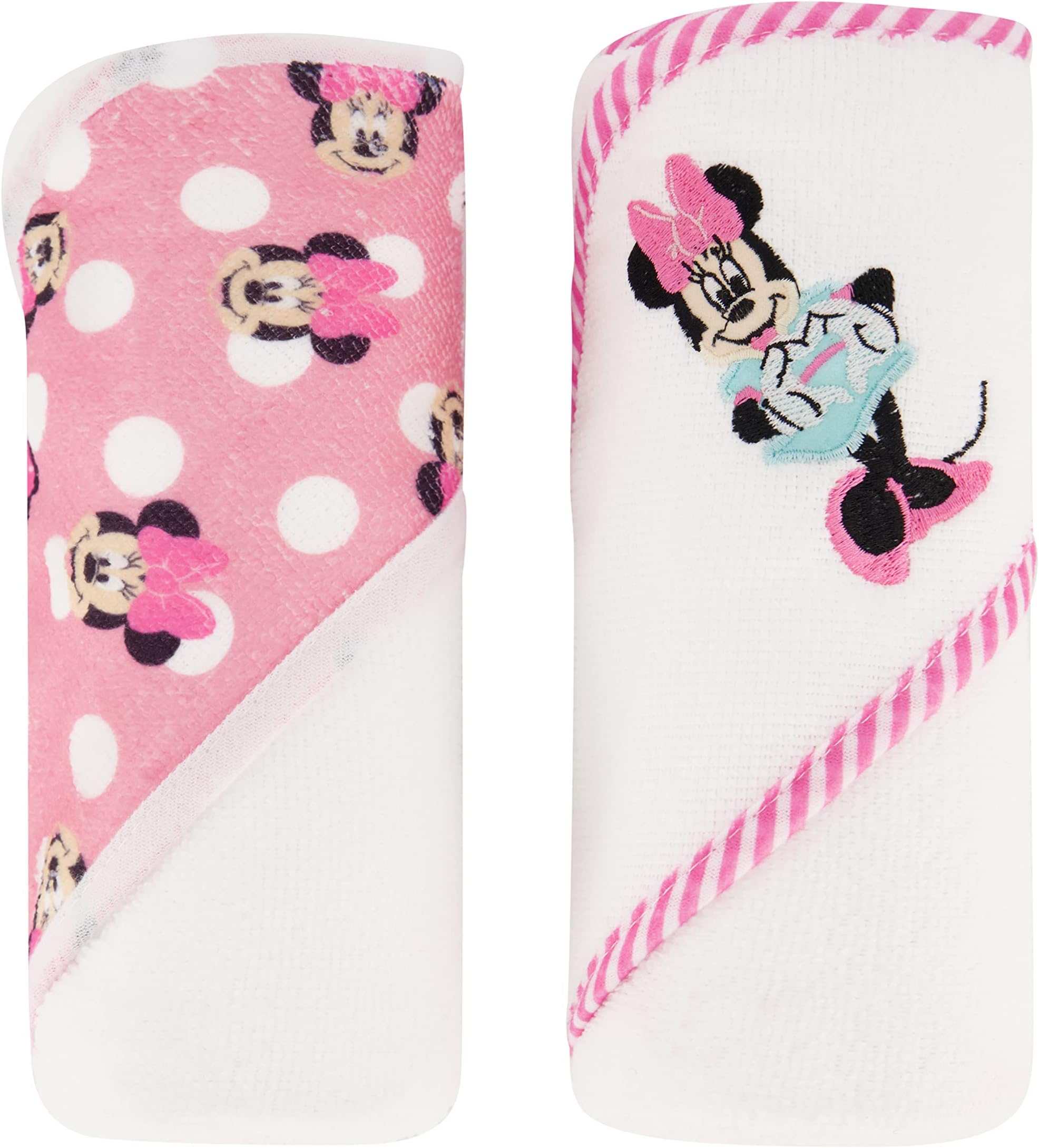 Disney Cudlie Baby Girl Minnie Mouse 2 Pack Rolled/Carded Hooded Towels in Happy Dots Print