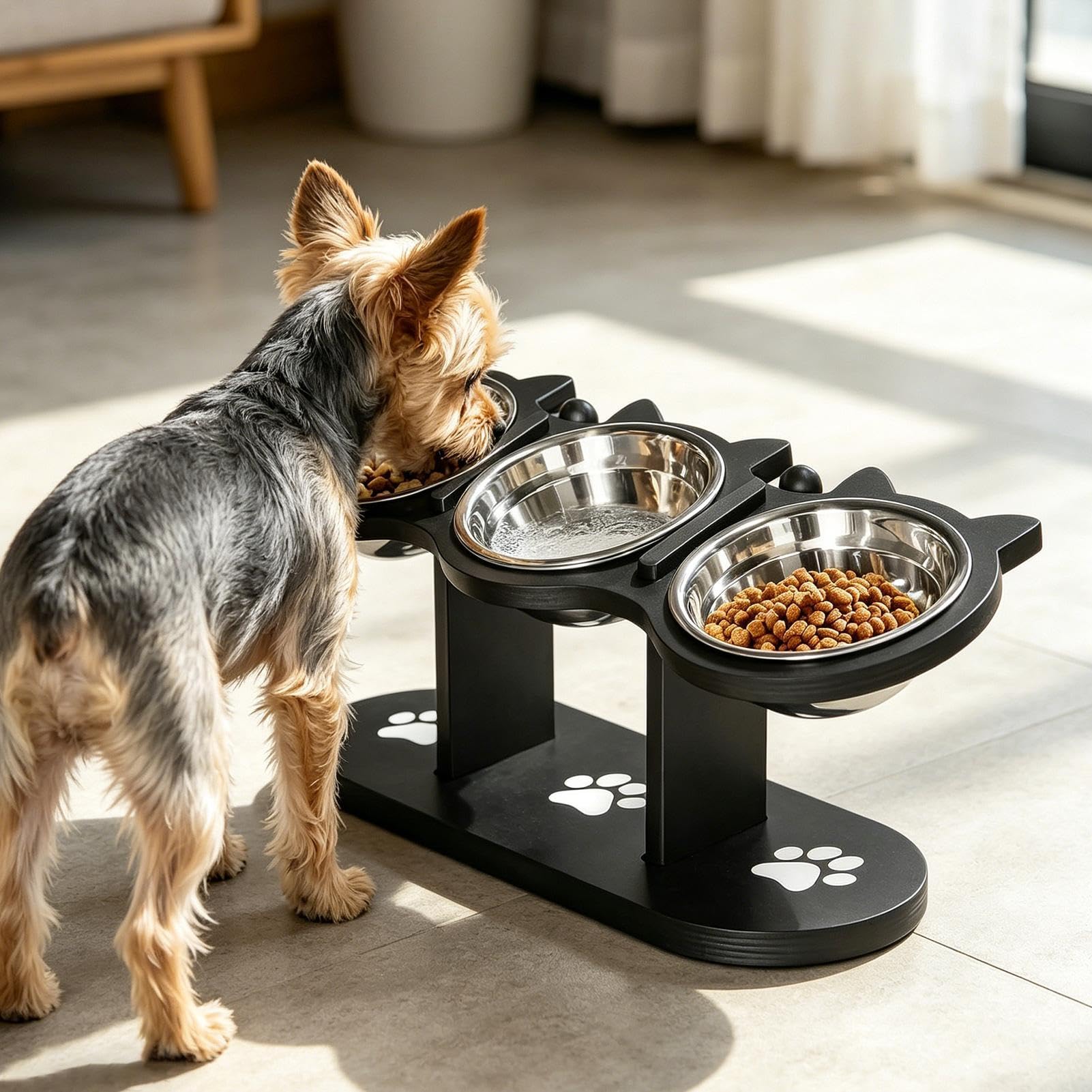 Rialzata Per Cani | Mangiatoia per Animali Domestici Inclinata di 15° Regolabile in Altezza con 3 Ciotole | d'Acqua Regolabile per Gatti | per Casa Cucina Soggiorno Balcone Esterni Campeggio
