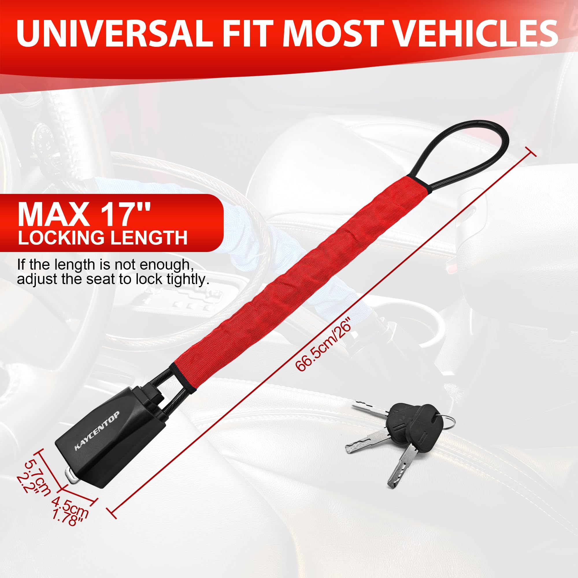 KAYCENTOP Verrou de volant de voiture - Dispositif antivol - Longueur maximale : 43,2 cm - Petit et léger - Multifonctionnel - S'adapte à la plupart des véhicules, SUV, voiturettes de golf - Rouge