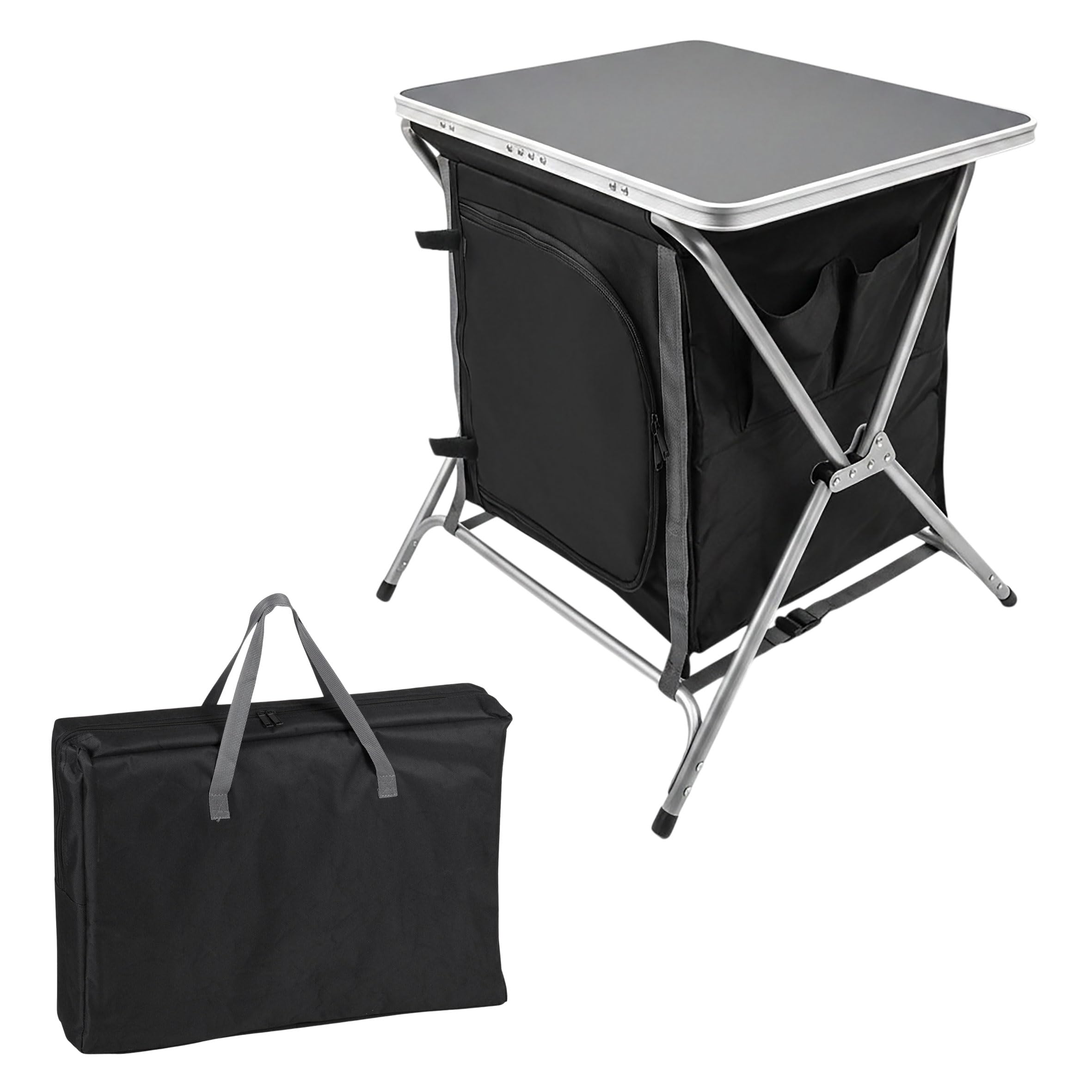 Spetebo Alu Campingschrank Faltbar - 64x60x45cm - Camping Faltschrank Campingtisch Mehrzweckschrank Küche Vorzelt Zubehör - Grau/Schwarz
