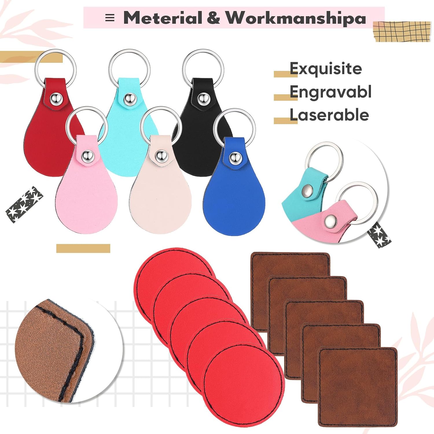 Ecation 150 Pcs Lasable Engravable Blanks 60 Leather Hat Patches 90 PU Leather Key Fob Kit Laser Blanks Keychain for DIY Custom Laser Engraving Craft Gifts Sublimation Hat Jacket Backpack (Colorful)