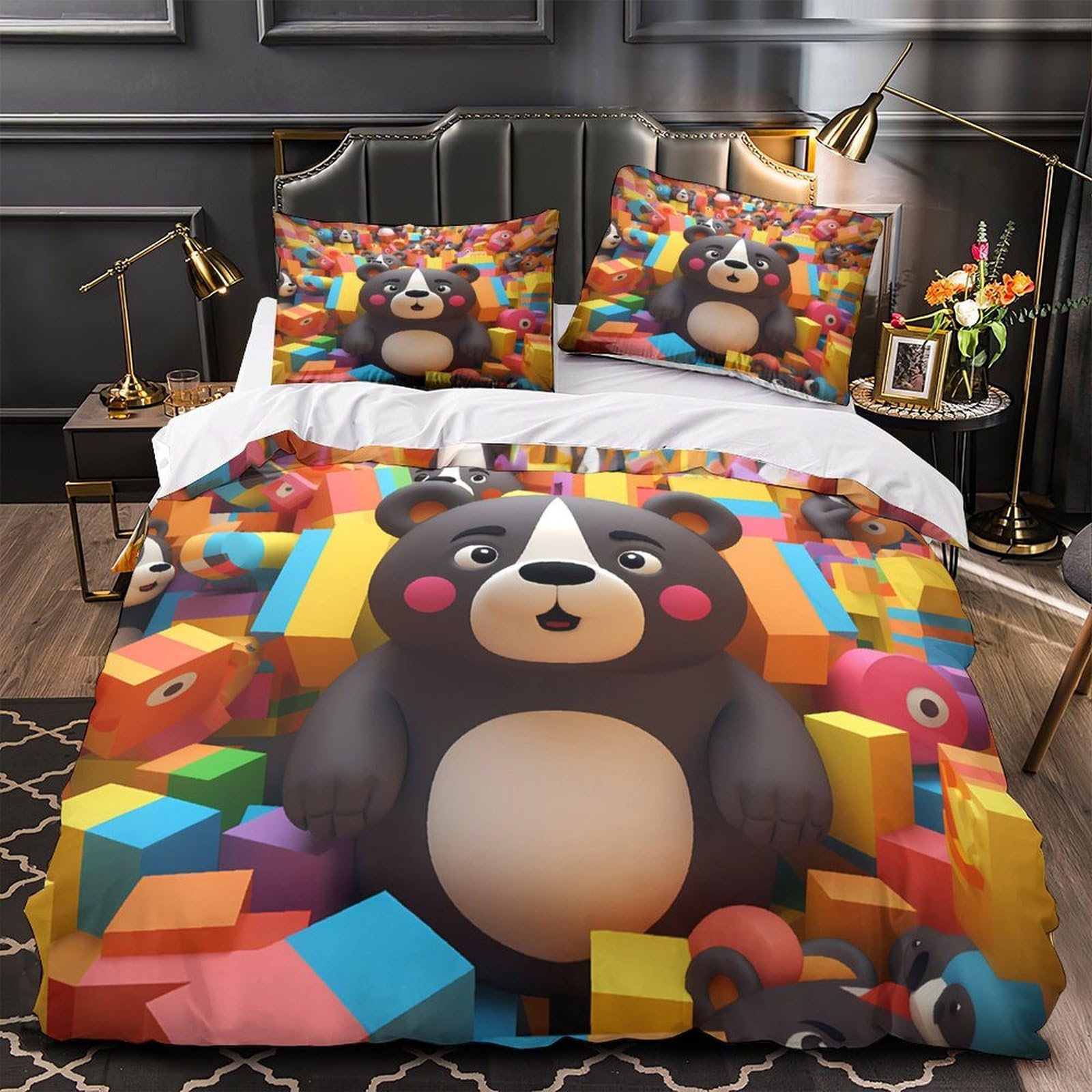 Housse de couette microfibre hypoallergénique et respirante imprimé ours 3D 140x200