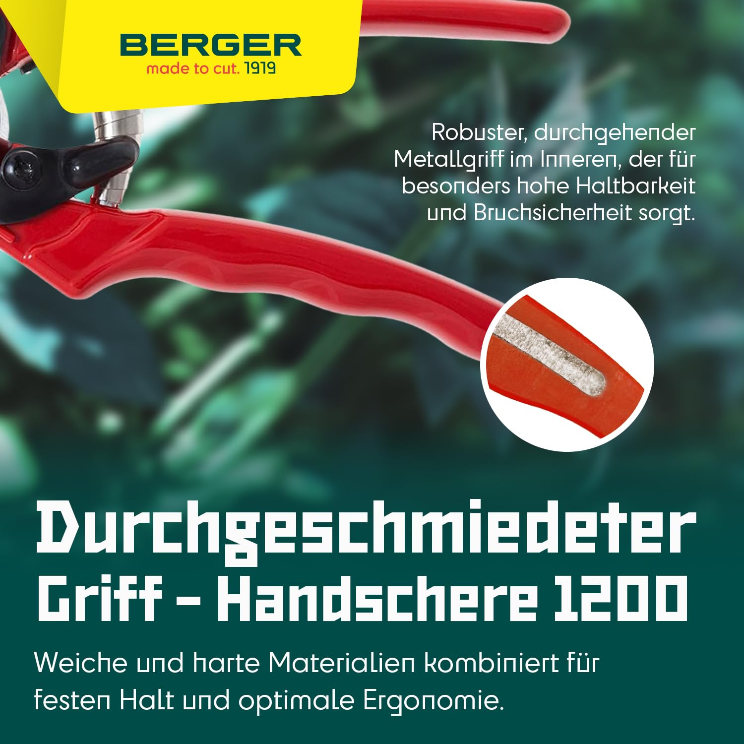BERGER Handschere Bypass Klassik 1200 | Klassische Gartenschere mit geradem Schneidkopf | Robuste Profi Blumenschere aus Metall geschmiedet mit Einhandverschluss | KWF-zertifiziert | Made in Germany
