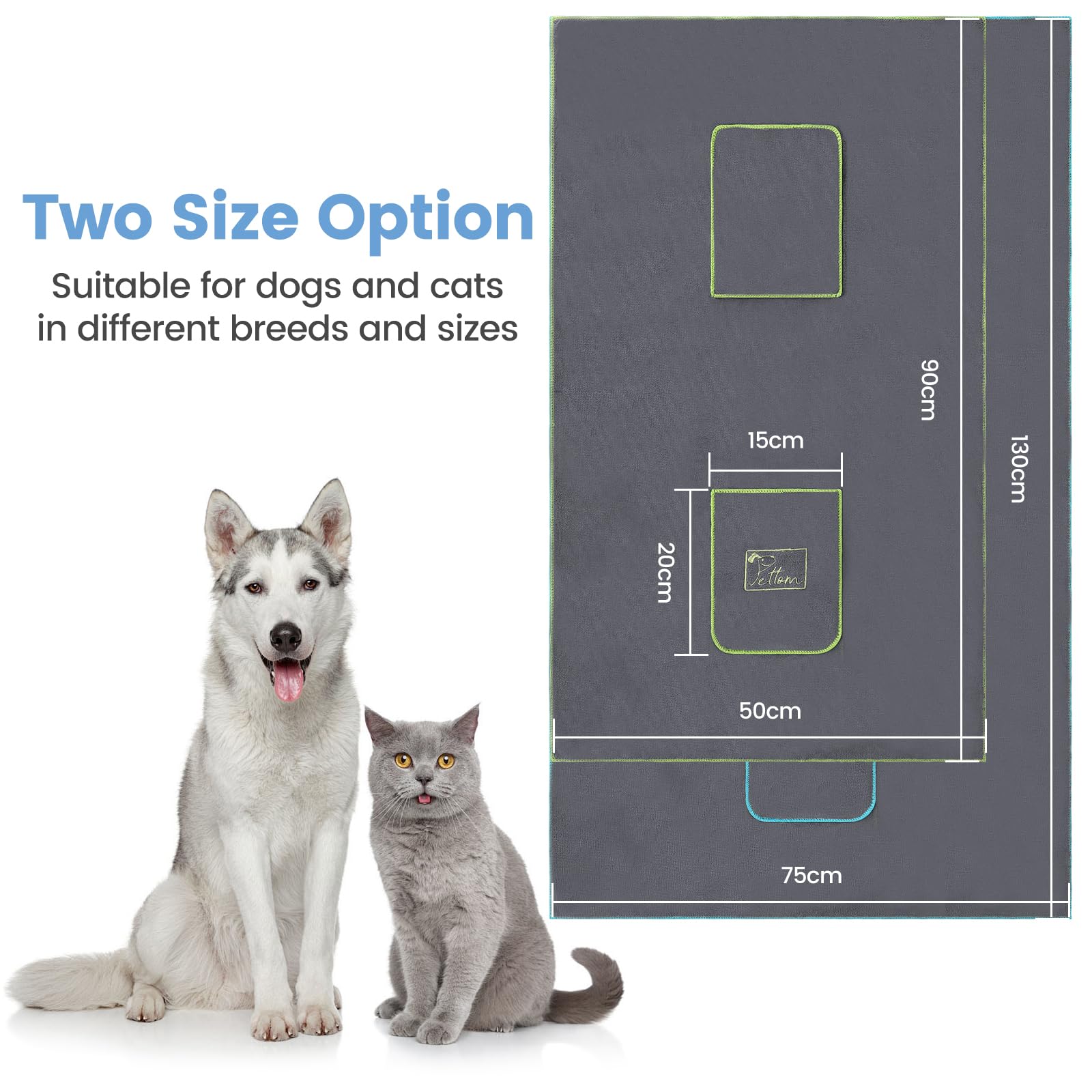PETTOM 2 sztuki Ręcznik do suszenia dla psa z kieszenią na rękę 90x50 cm, bardzo chłonne ręczniki z mikrofibry dla psów, szczeniąt i kotów, ręcznik do kąpieli dla zwierząt domowych, można prać w