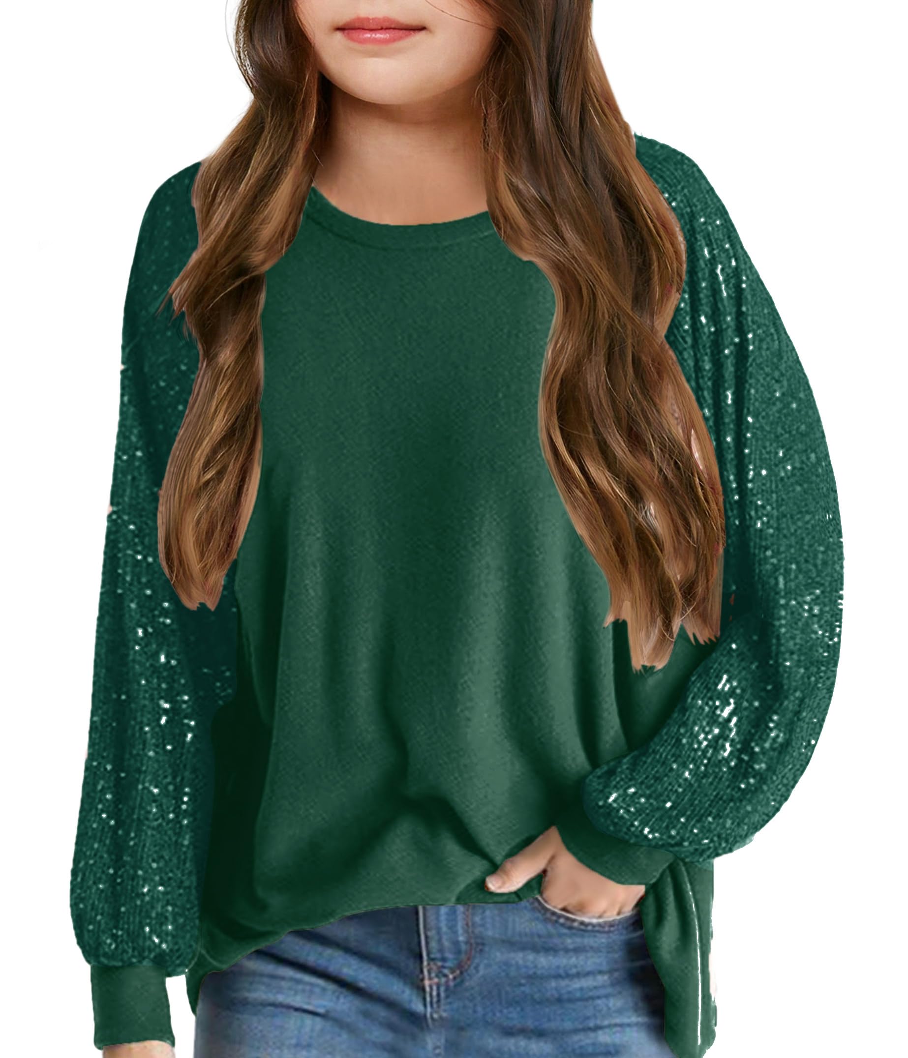 Haloumoning Sudaderas con lentejuelas y cuello redondo para niñas de 5 a 14