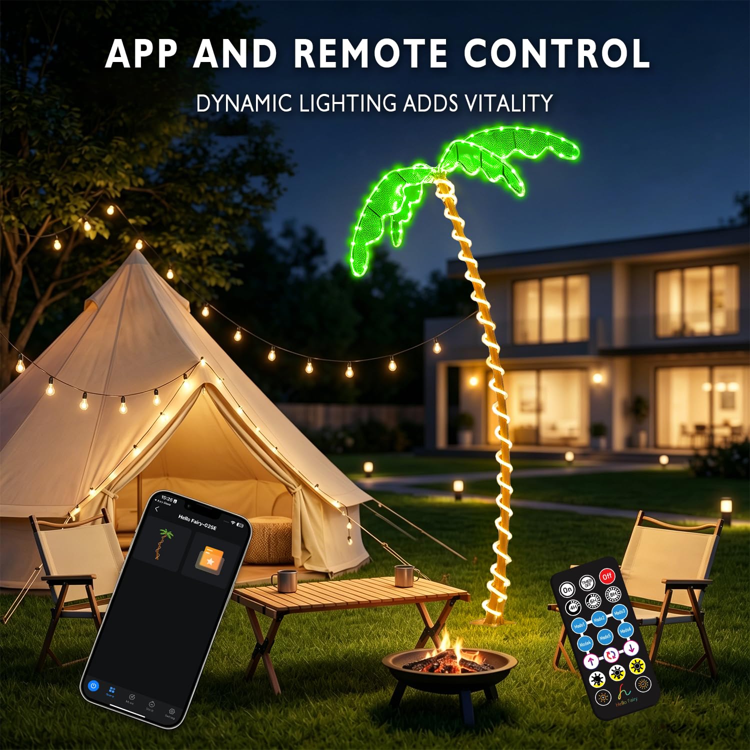 Palma artificiale illuminata per patio esterno, app e telecomando, con tronco in metallo e corda LED, per patio, piscina, cortile, decorazione per feste, timer, sincronizzazione musica
