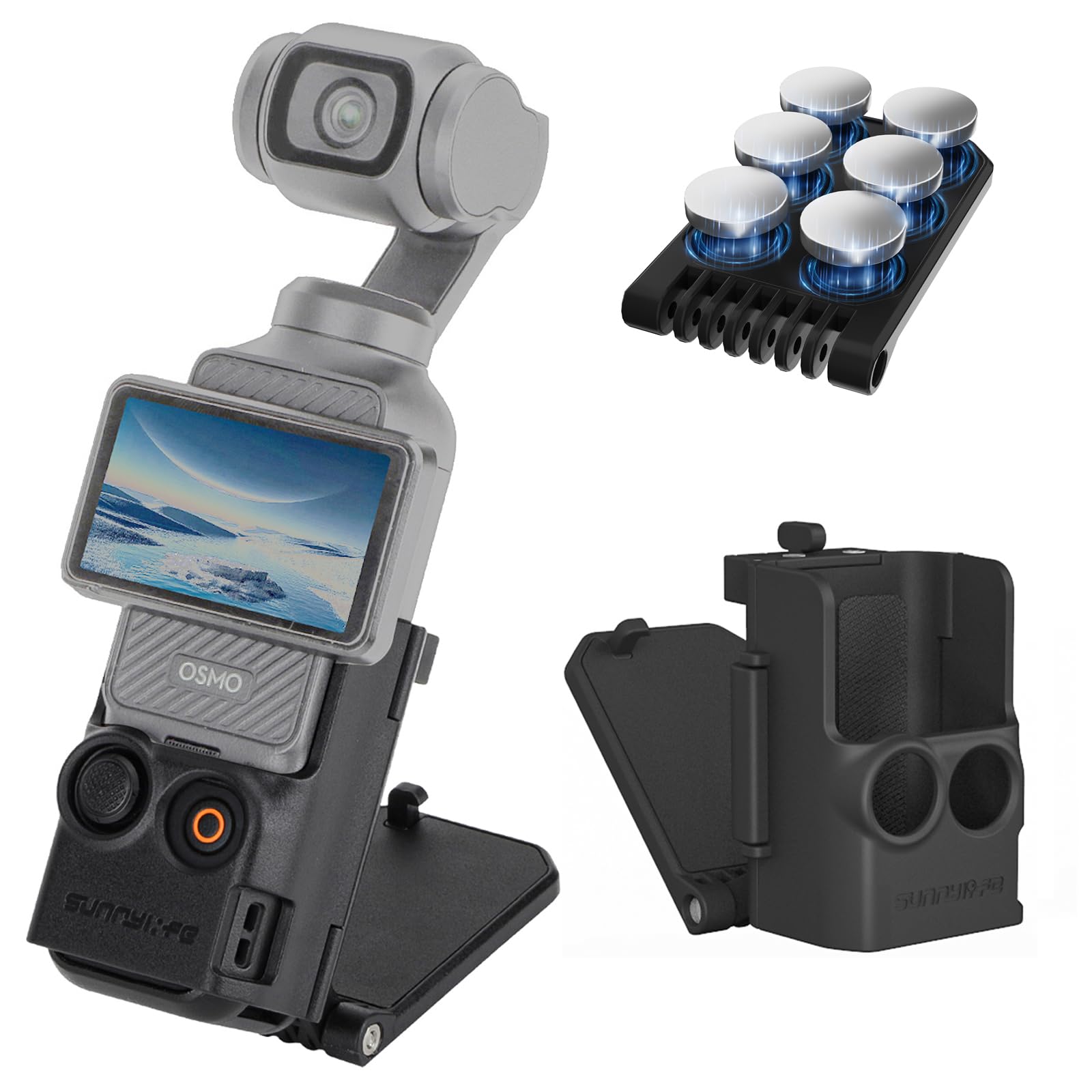 Soporte Magnético Para DJI Osmo Pocket 3 ARVOK - Base Ajustable 180°, Imanes Fuertes, Incluye Protectores Y Correa