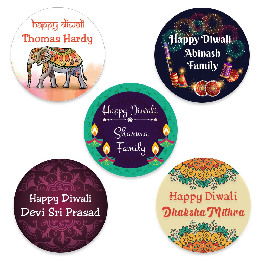 Papa Prints Personalised Set 1 Pack Of 24 Diwali Personalised Stickers For Party Bags, Diwali Cards Stickers (45Mm) Round Labels For Cake Box, Cellophane Cone Bags Papa Prints®