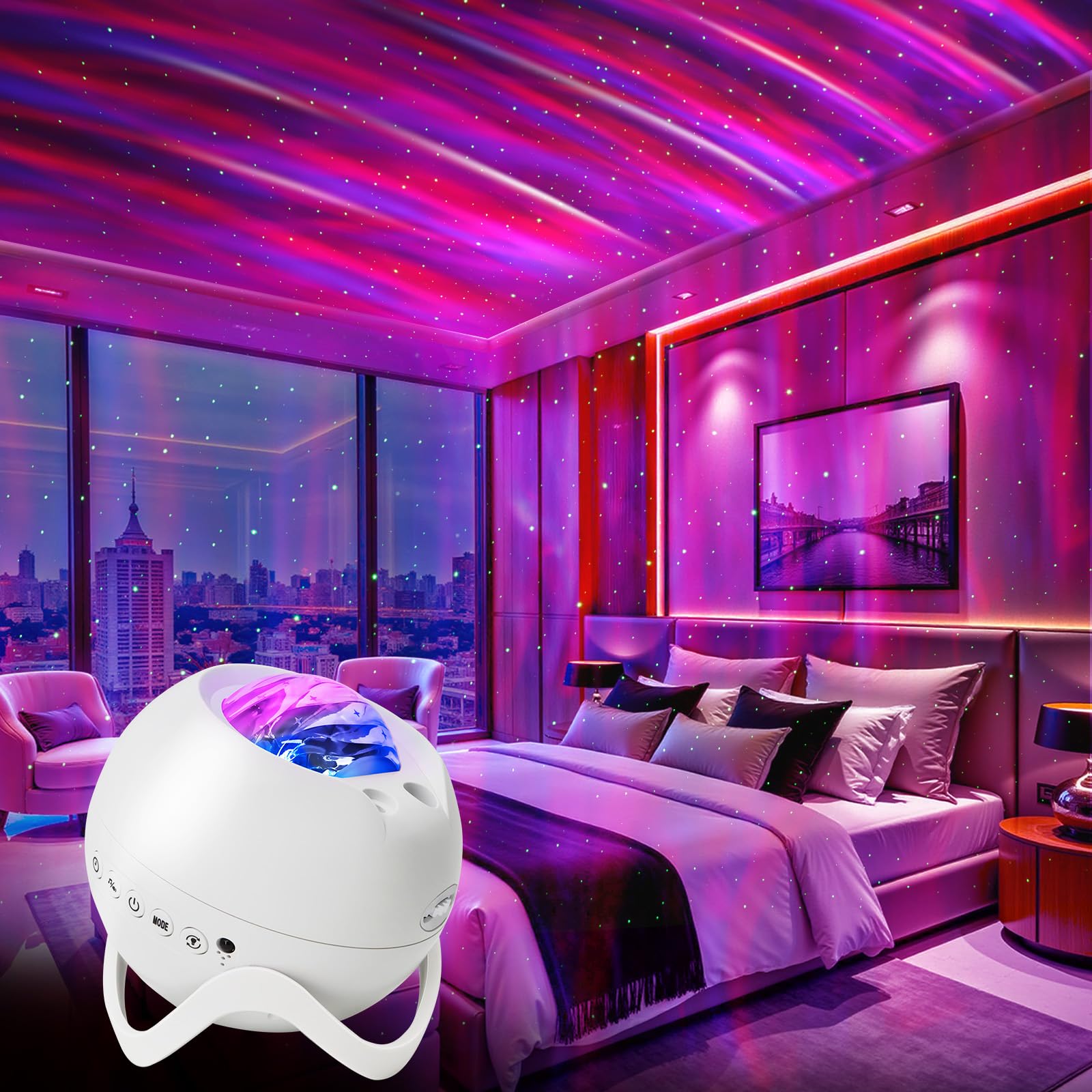 Proyector de estrellas, proyector Galaxy con Bluetooth y mando a distancia, cielo estrellado panorámico de 360 grados, 8 luces nocturnas de ruido blanco para dormitorio, fiesta y cine en casa