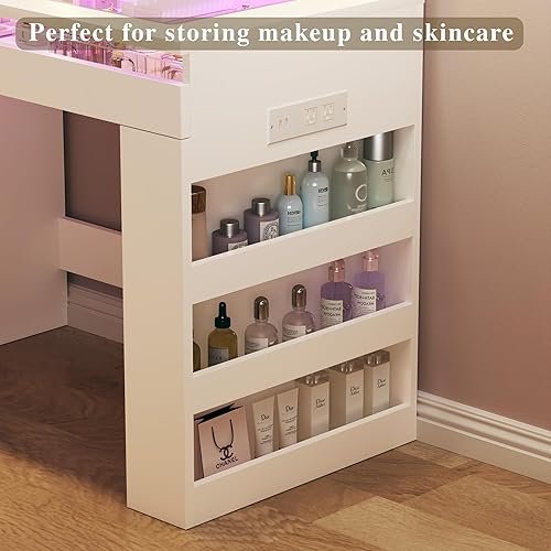 Miniatura 8 de Escritorio de tocador con espejo iluminado y parte superior de cristal, escritorio de tocador de maquillaje con 4 cajones transparentes e