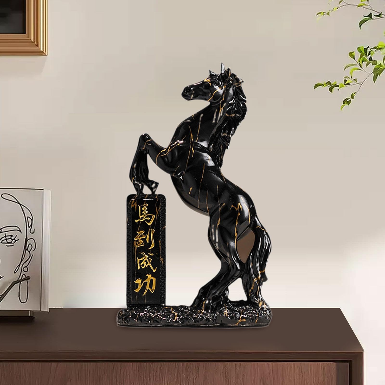 Figurka konia, dekoracyjna figurka kolekcjonerska Feng Shui, dekoracja stołu, rzeźba z żywicy, figurka konia do regału na książki, biura, kominka, czarna