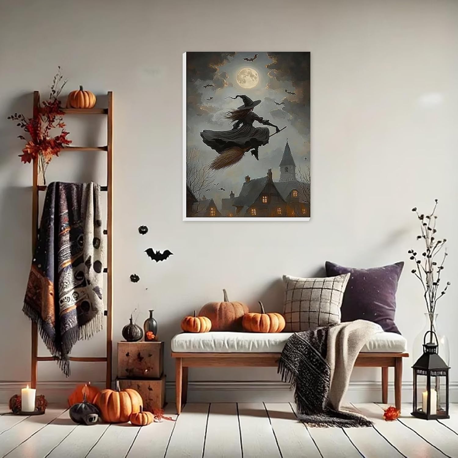 HEIBAGO Halloween Witch Framed Paint by Numbers Kit for Adults, Town Paint by Numbers for Adults Beginner, Adult Paint by Number Kits on Canvas, Painting by Numbers for Gift Home Wall Decor 12x16 Inch