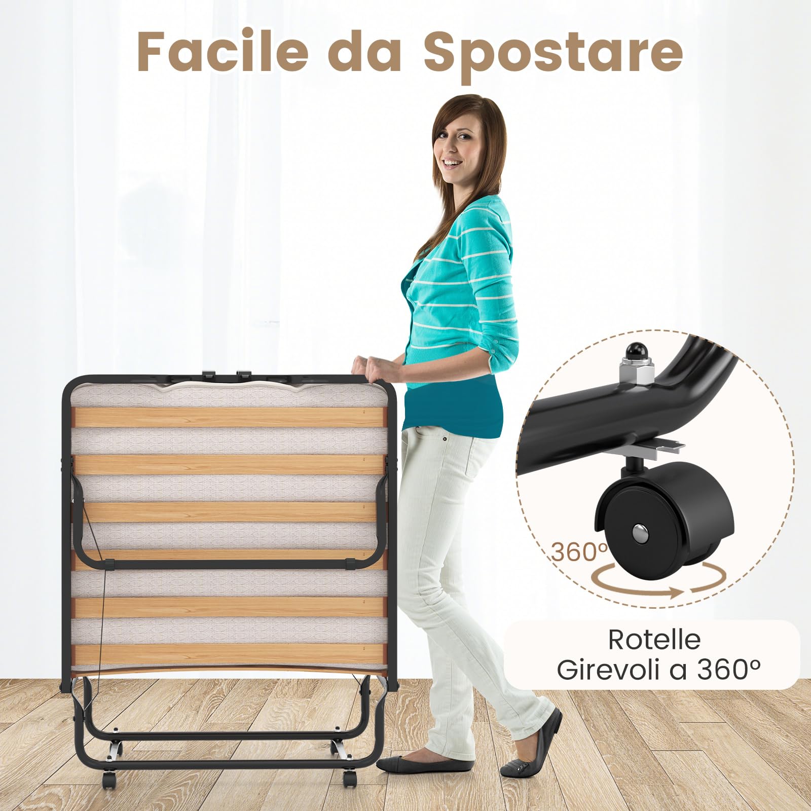 COSTWAY Brandina Pieghevole con Materasso, Struttura Metallica, Materasso in Memory Foam, Trapuntatura a Onda con Imbottitura a Doppia Fibra, 200x90x41 cm, Made in Italy (Stile 2 Beige)
