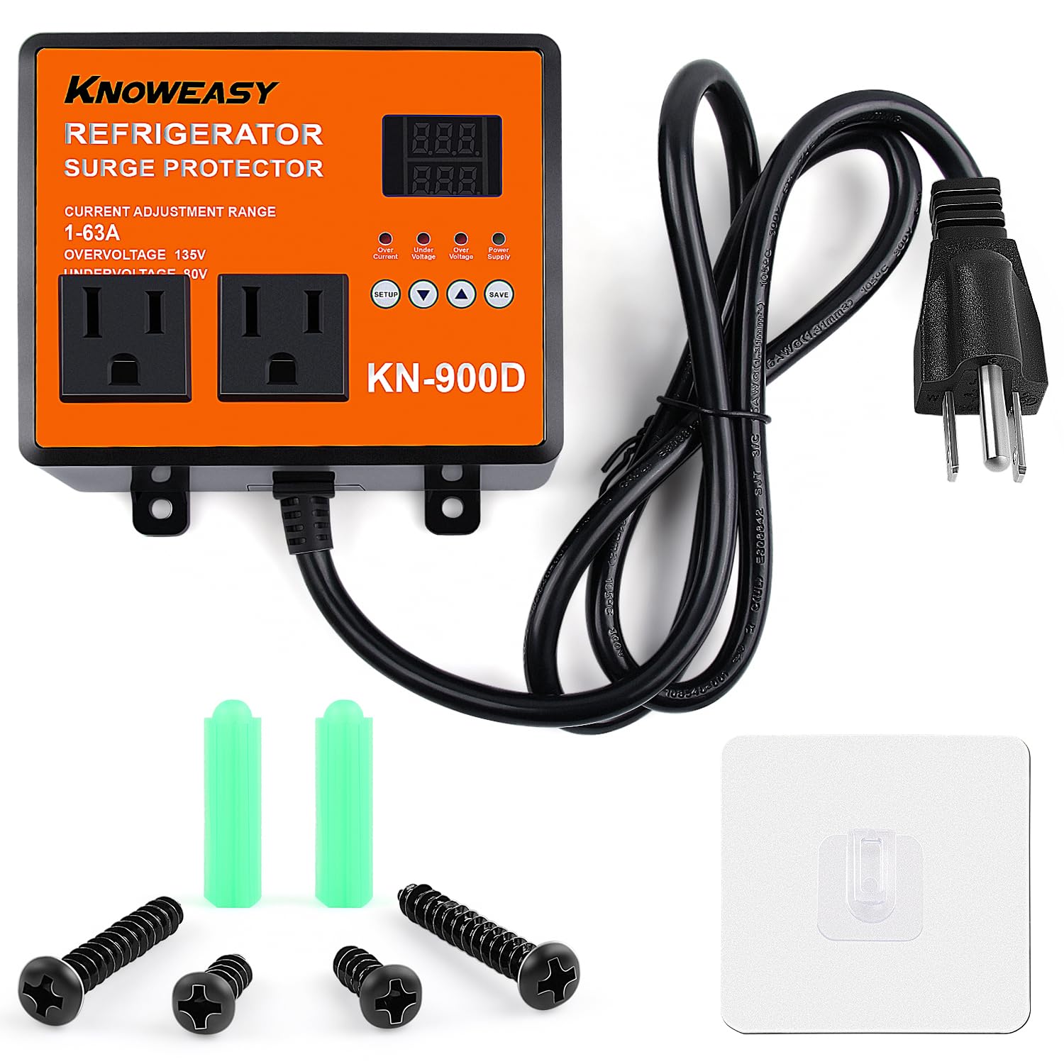 Knoweasy Refrigerator Surge Protector, Double Outlet Voltage Protector with Time Delay - Protects Home Appliances from Brownouts, Spikes, and Voltage Abnormalities, Black