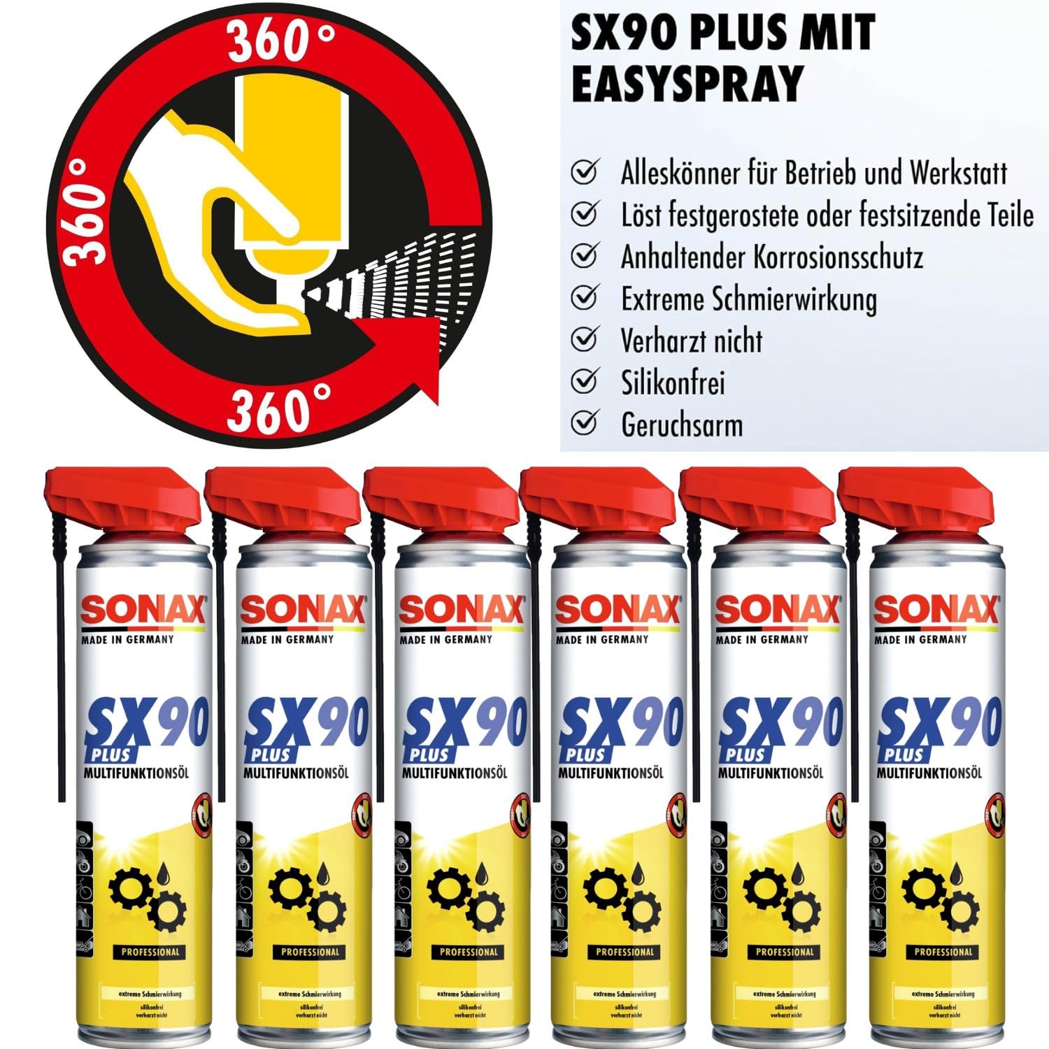 SONAX SX90 Plus Multifunktionsöl (6x je 400ml), Easy-Spray Rostlöser Schmiermittel Pflege-Öl