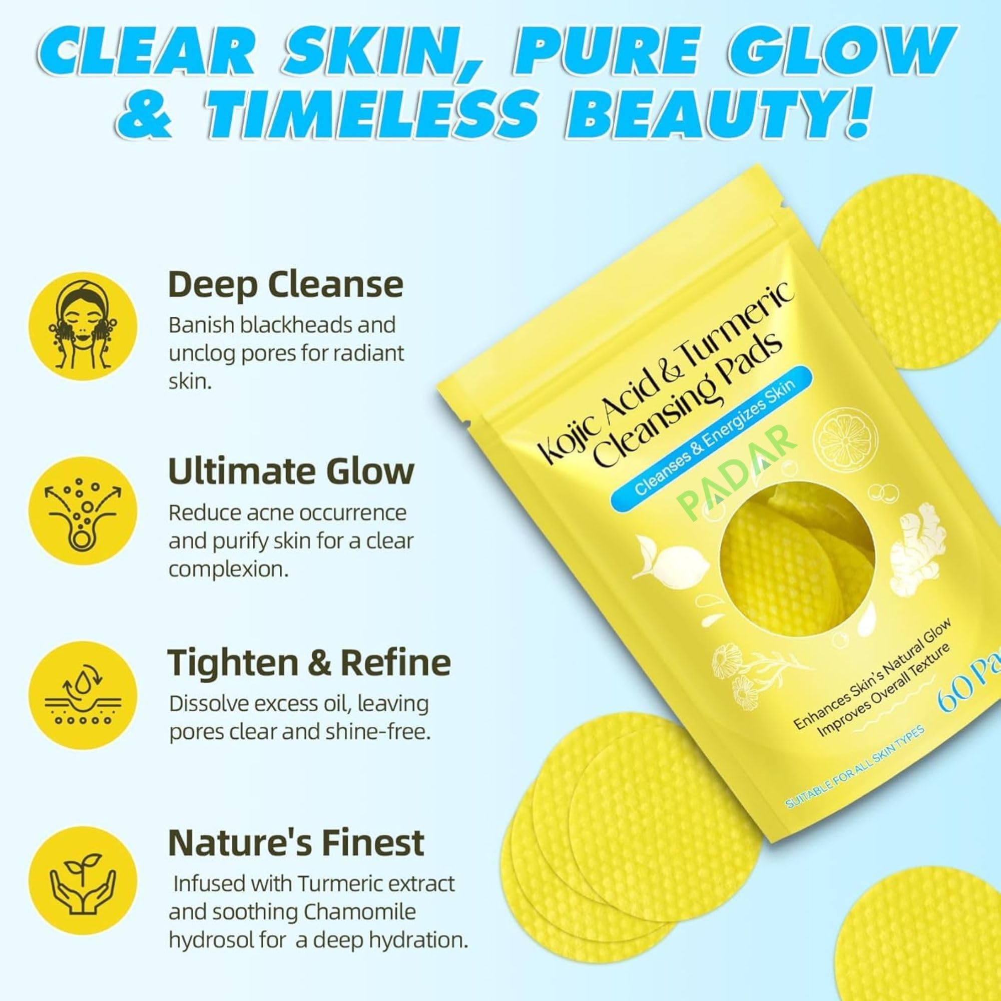 Turmeric & Kojic Acid Face Cleansing Foaming Pads for Dark Spots, Skin Brightening & Acne Prevention With Vitamin C, For All Skin Types (1 Pack (60 Pads)) - Image 7 thumbnail