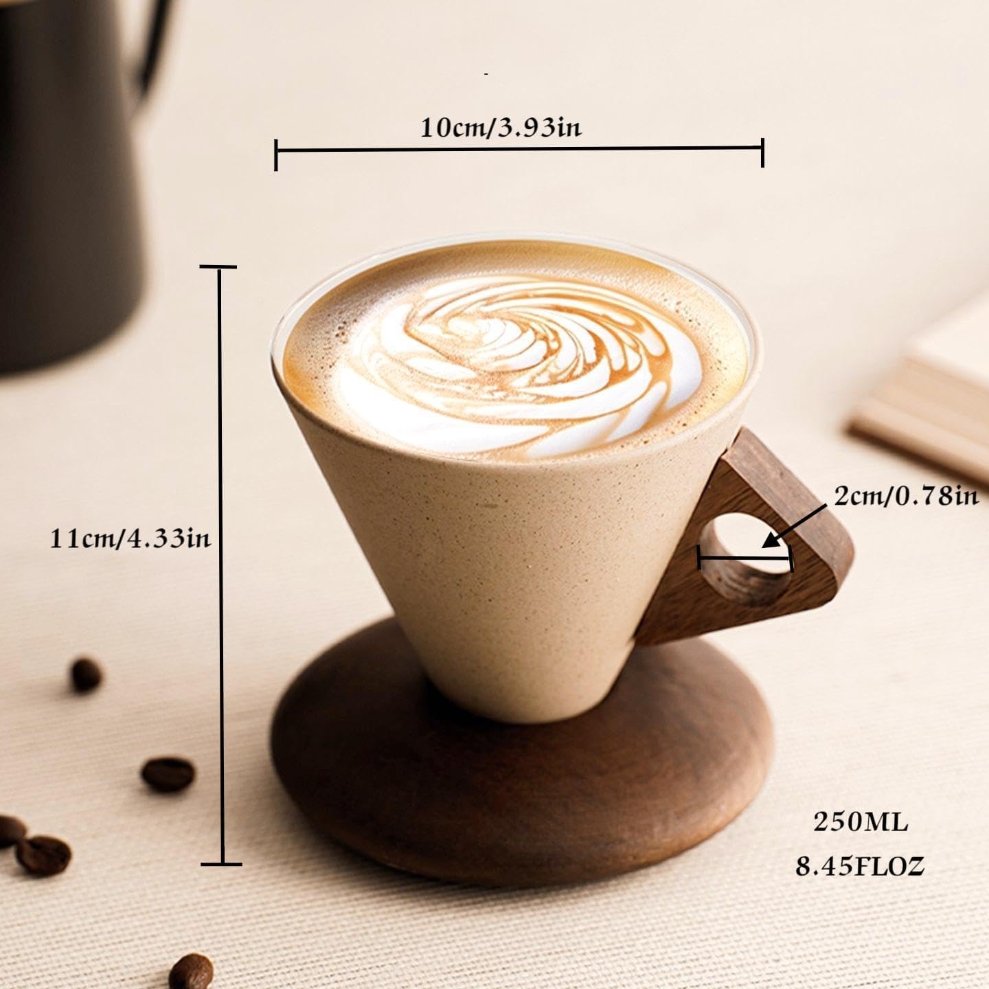 Retro ceramic coffee mug, Creative Cone coffee cup set Unique Ceramic Coffee Tea Cups wood handle and coaster - Suitable for home, restaurant, party and office use 8.45floz