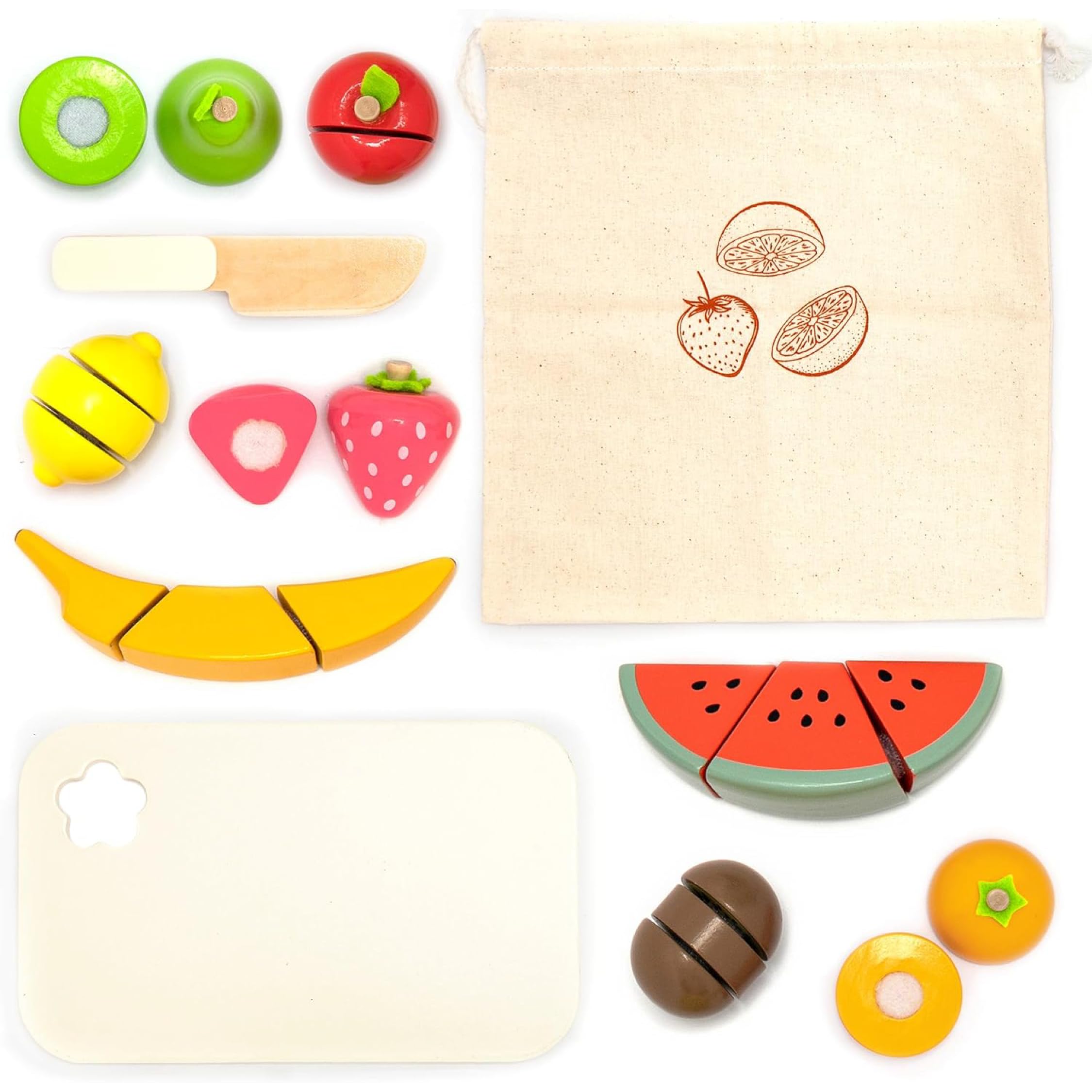 UMU® Wooden Fruit Cutting Set for Kids – 23-Piece Montessori Kitchen Play Food Toy with Wooden Knife, Cutting Board & Fruit Bag – Pretend Play Kitchen Accessory for Boys and Girls Ages 2–5