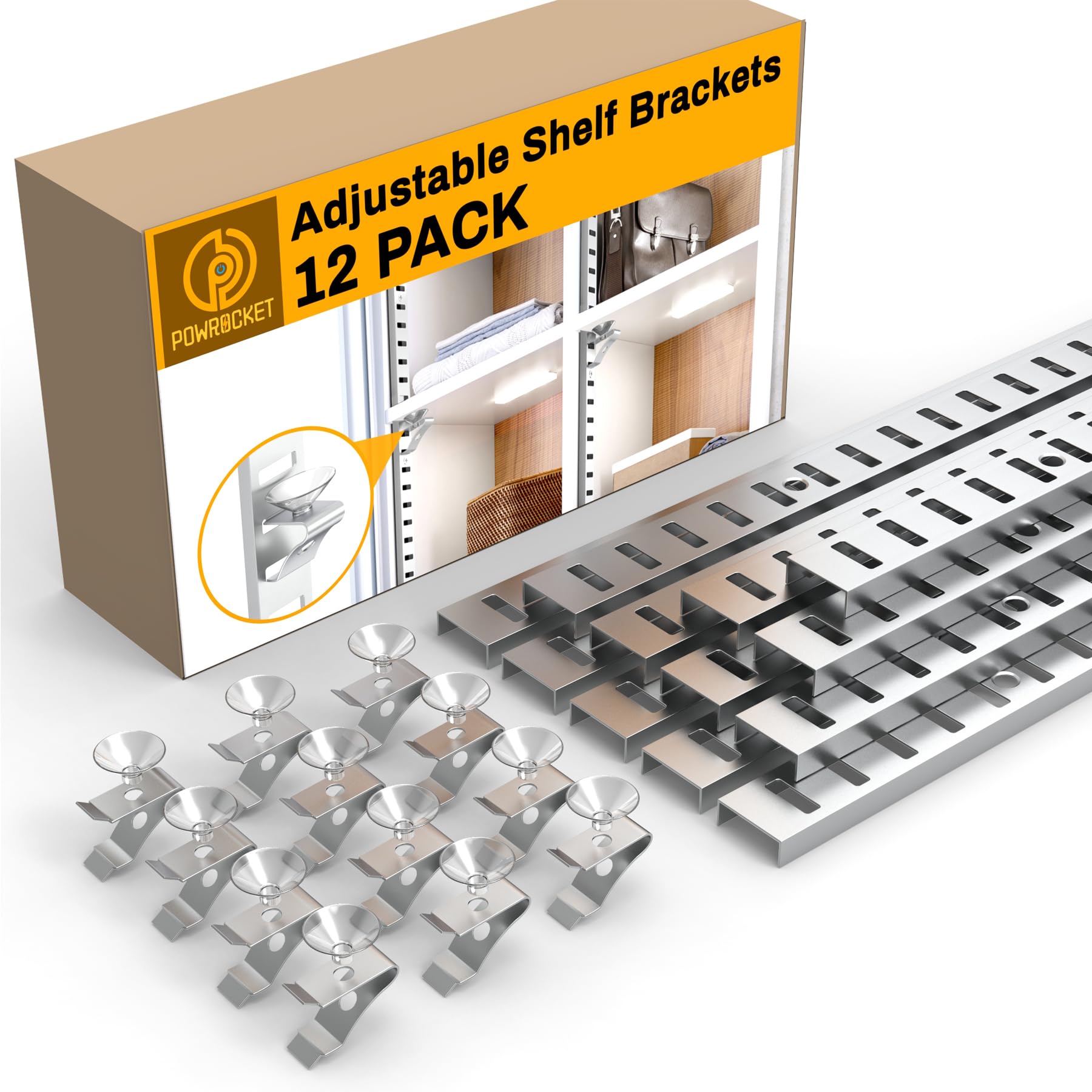 12 Pcs 17 Inch Shelf Pilaster and 12 Pcs Shelf Clips with Suction Cups, Adjustable Shelf Brackets, Metal Wall Mounted Shelf Rail, Mortise Mount Pilaster Strip for Bookcases, Closet, Cabinet-image-49