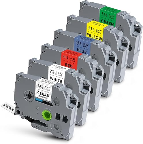 Paquete de 6 cintas de etiquetas compatibles con Brother P Touch TZ TZe-231 131 431 531 631 731 0.472 in 0.47 laminado multicolor para P Touch