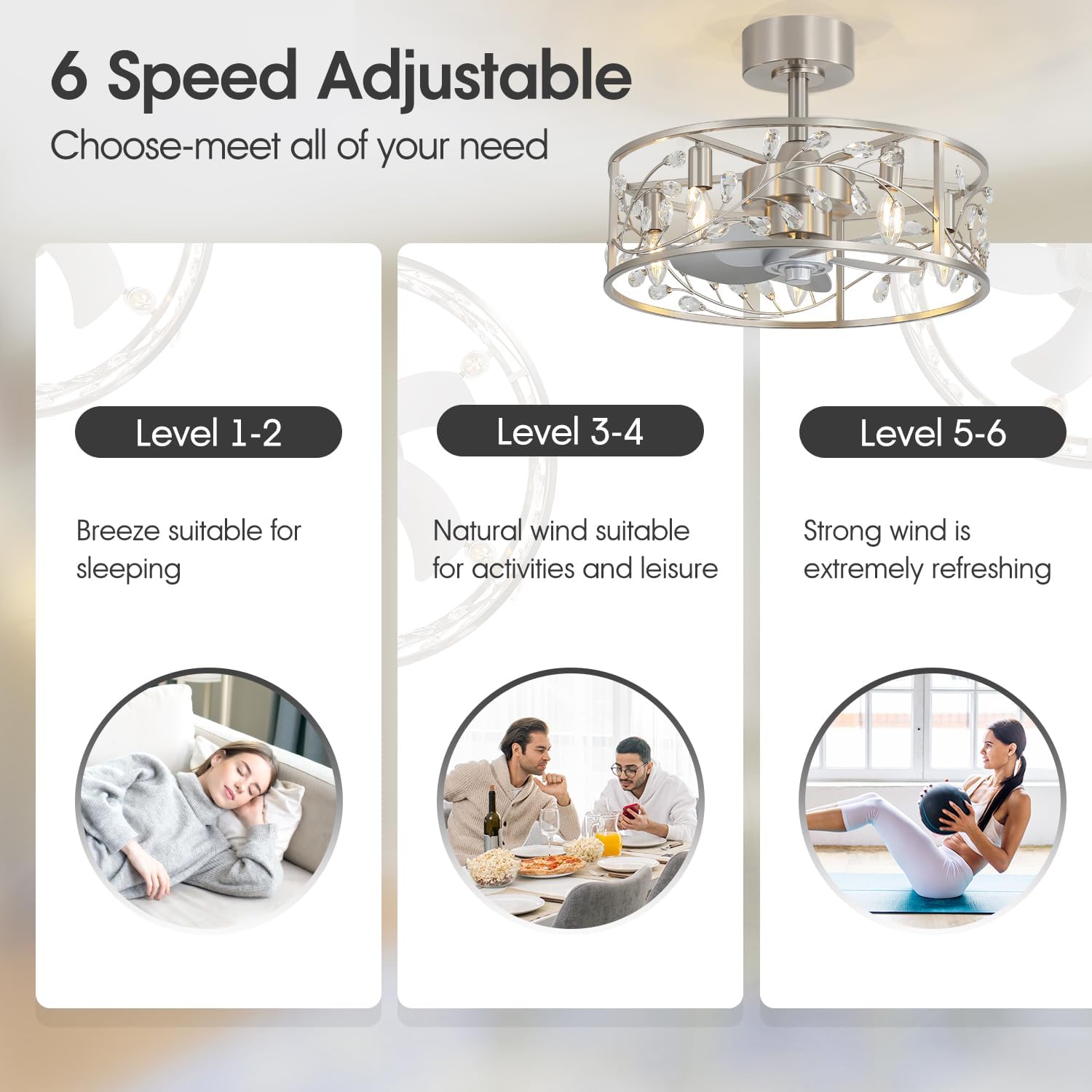 20 Inch Caged Ceiling Fan with Light and Remote, Quiet Reversible AC Motor, 5 ABS Blades, Modern Industrial Crystal Low Profile Small Ceiling Fan Light for Bedroom Home Indoor