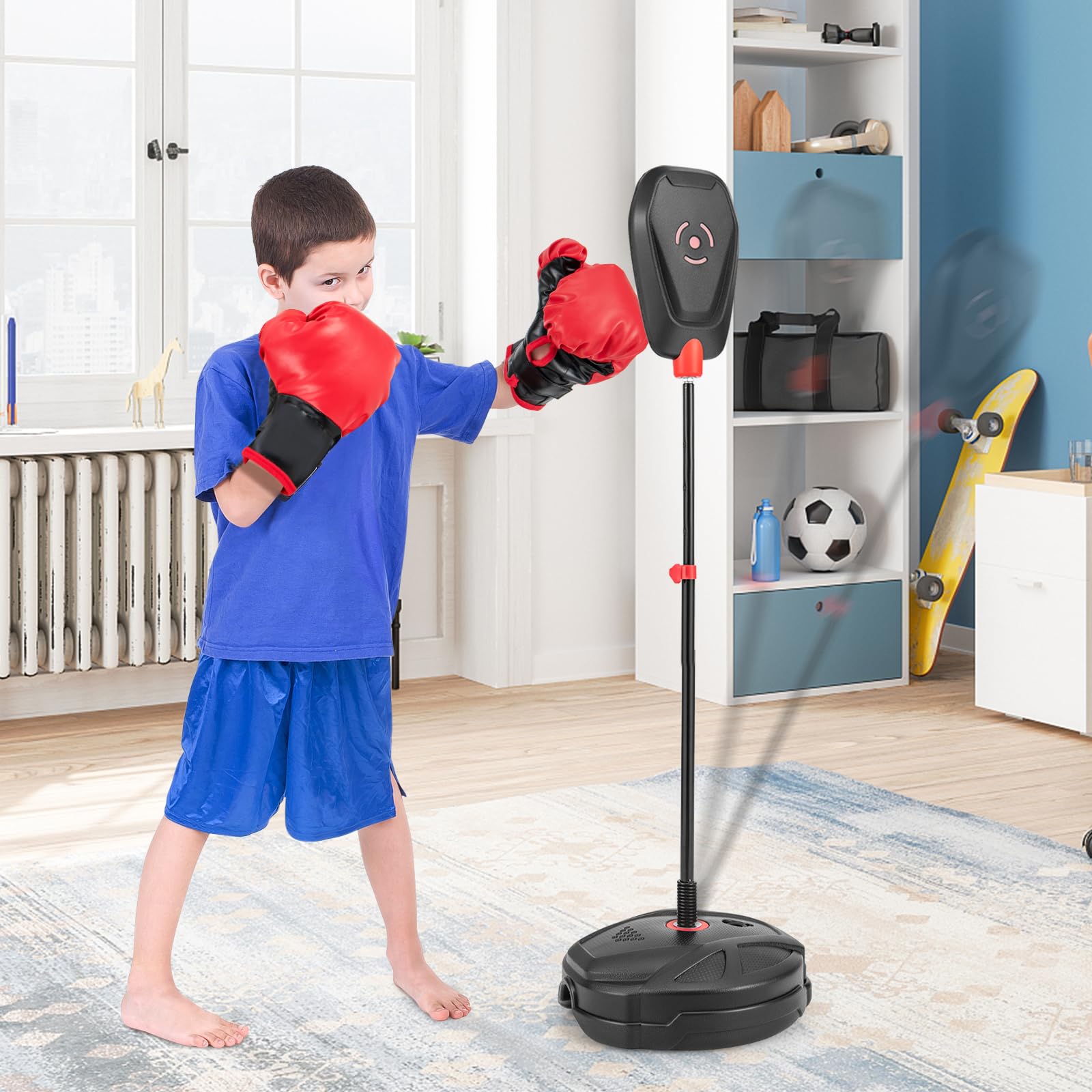 KOMFOTTEU Saco de Boxeo de Pie con Altura Ajustable 95-126 cm, Pelota de Boxeo con Guantes de Boxeo, Punching Ball con Base Rellenable, Set de Boxeo para Niños Mayores de 3 Años