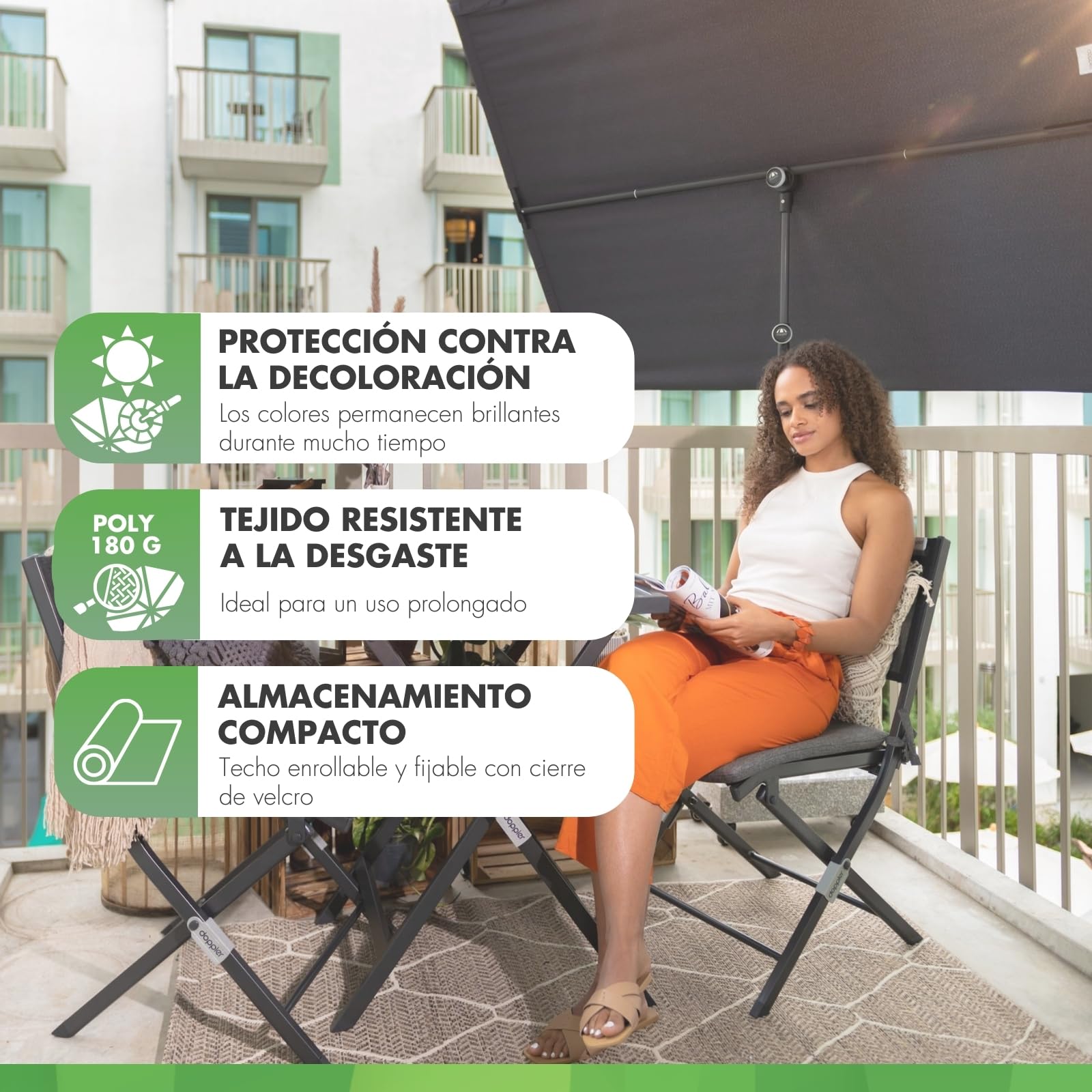 Doppler Parasol para balcón I 170x130cm I Parasol para balcón y terraza I Protección Visual Flexible I Parasol Rectangular y pivotante I Parasol de jardín para balcón