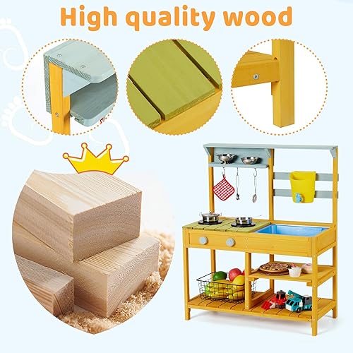 Miniatura 6 de Cocina de barro para niños, juego de cocina de madera al aire libre para niños pequeños con fregadero y grifo extraíbles, caja de agua, estufa