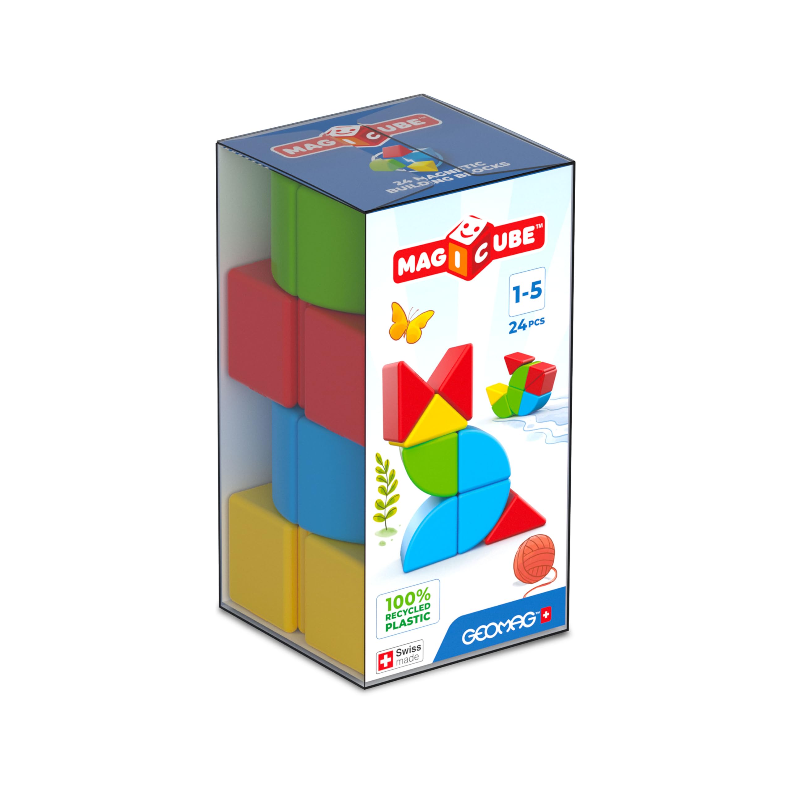 Geomag Magicube 24-Piece Magnetic Building Blocks for Toddlers Ages 1–5, Swiss-Made STEM Toy (Assorted Shapes)
